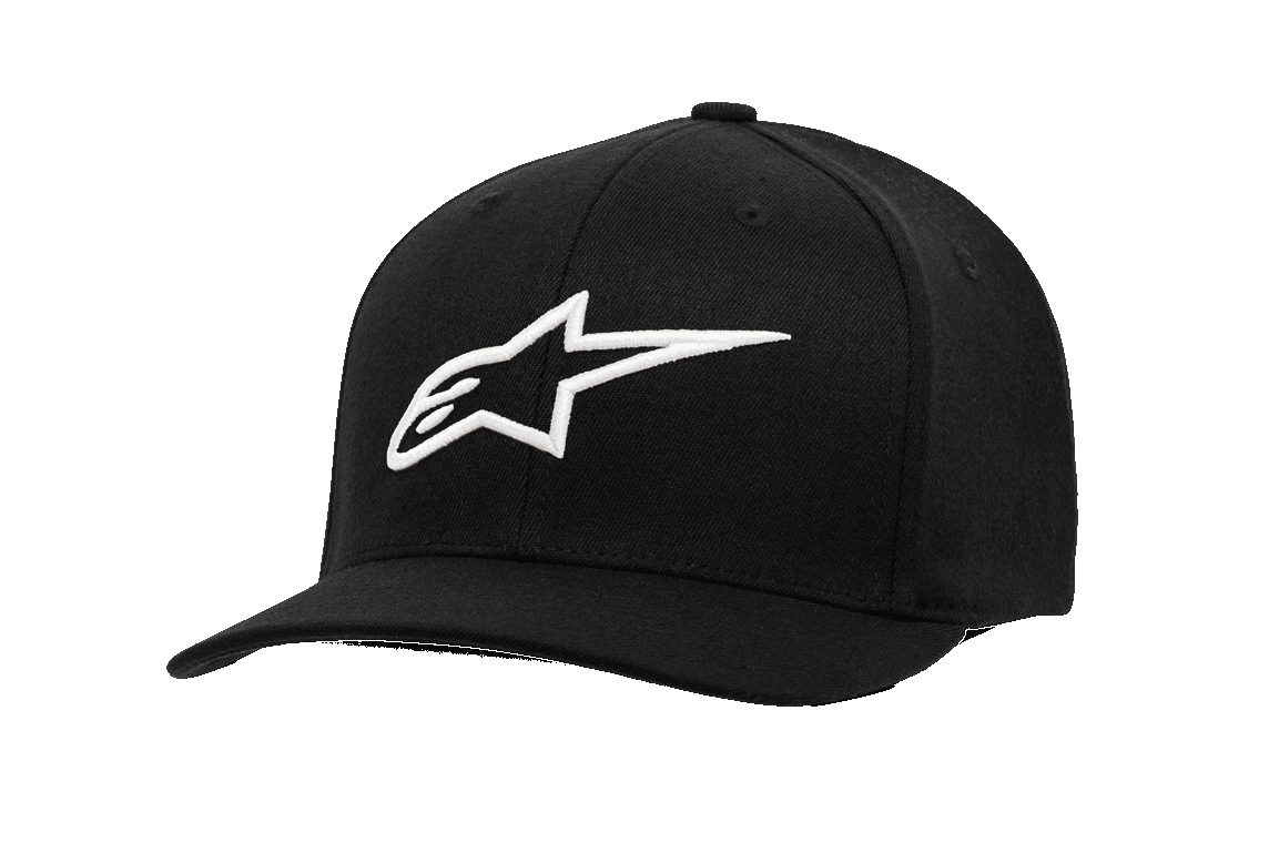 Alpinestars Ageless Curve Hat, schwarze Baseballkappe mit weißem, 3D-besticktem Sternlogo, gebogener Schirm, strukturierte Krone, Twill-Gewebe, lässige Motorsport-Sportbekleidung