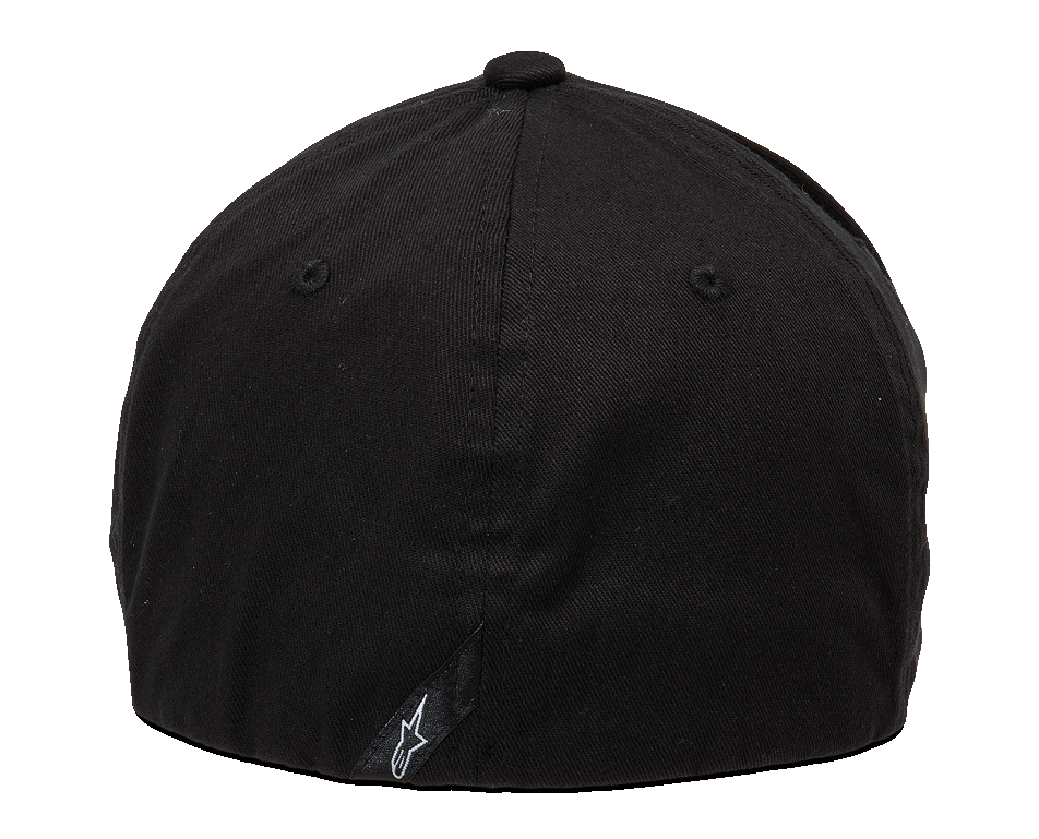 Alpinestars Ageless Curve Hat, schwarze Sportswear-Cap, Rückansicht mit Flex-Back-Design, kleines schwarzes Label mit weißem Logo auf der Rückseite, Twill-Gewebe-Konstruktion