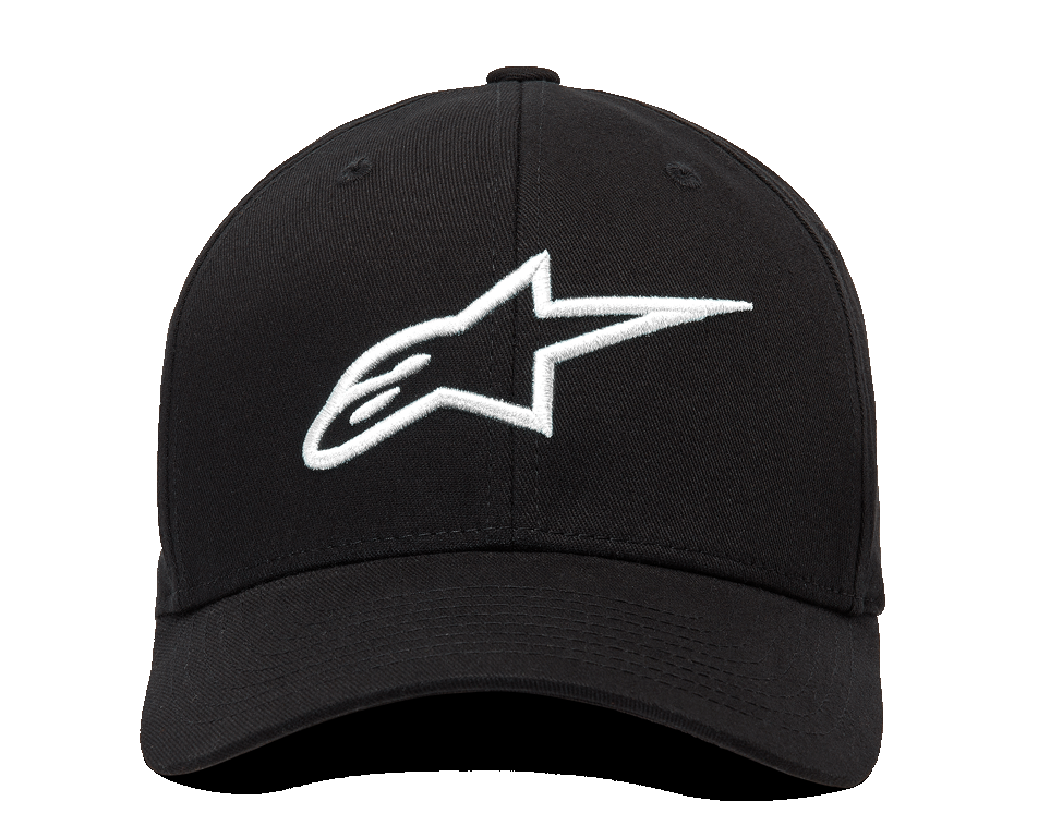 Alpinestars Ageless Curve Kappe, Vorderansicht, schwarzer Twill-Stoff mit 3D-besticktem weißem Alpinestars-Logo, Baseballkappe mit gebogenem Schirm, lässiger Sportbekleidungsstil