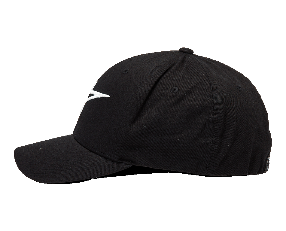Alpinestars Ageless Curve Kappe, Baseballkappe mit gebogenem Schirm, Schwarz mit weißem 3D-Sticklogo, Seitenansicht, Twill-Gewebe, lässiger Sportswear-Stil