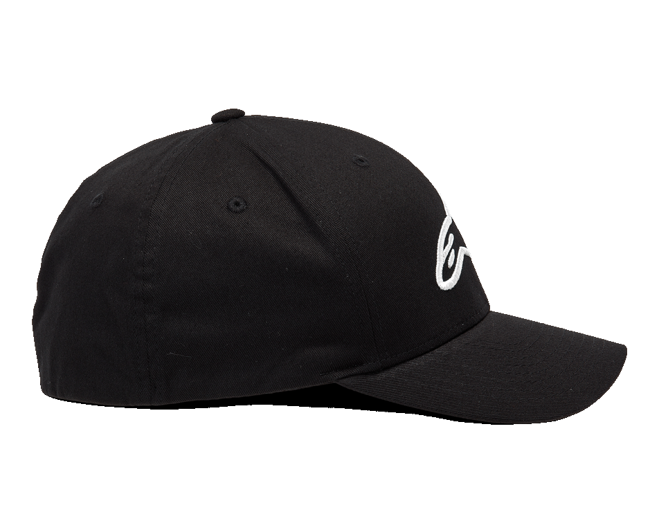 Alpinestars Ageless Curve Mütze, Schwarz und Weiß, Seitenprofil mit gebogenem Schirm und weißem 3D-besticktem Logo, lässige Sportbekleidung