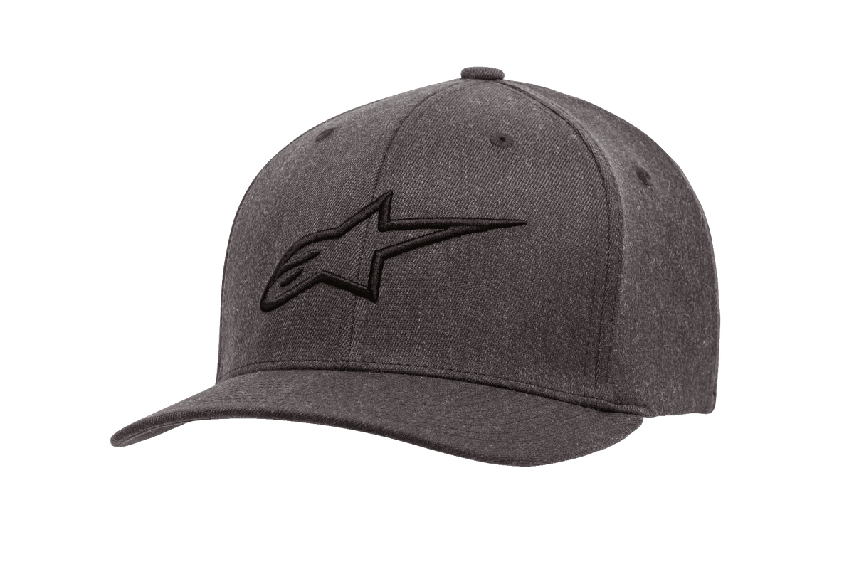 Alpinestars Ageless Curve Hat, dunkelgrau melierte Baseballkappe mit schwarzem 3D-besticktem Logo, gebogener Schirm, strukturierter Twill-Stoff mit Belüftungsösen, lässige Motorsport-Kopfbedeckung