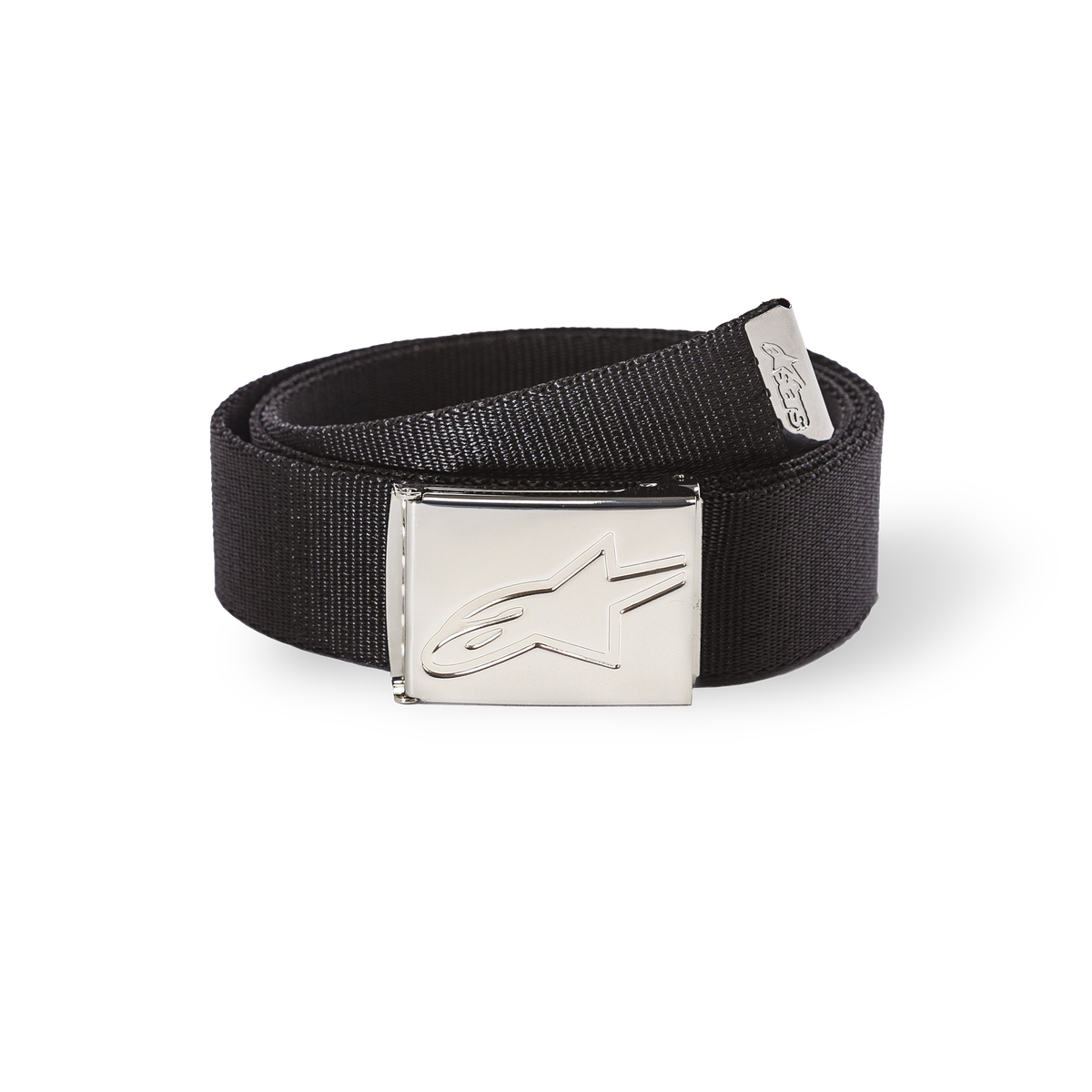 Alpinestars Ageless Web Belt, schwarzer Stoffgürtel mit silberner Chrom-Metallschnalle, geprägtes Stern-Logo, strukturiertes Webband, Metallspitze mit Logo, lässiges Sportswear-Accessoire