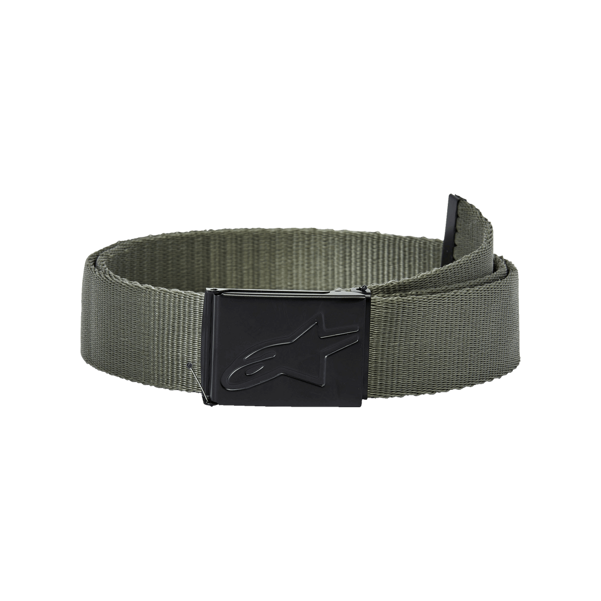 Alpinestars Ageless Web Belt, Military Green and Black, featuring a woven polypropylene strap and a black metal clamp buckle with a debossed star logo, casual sportswear accessory