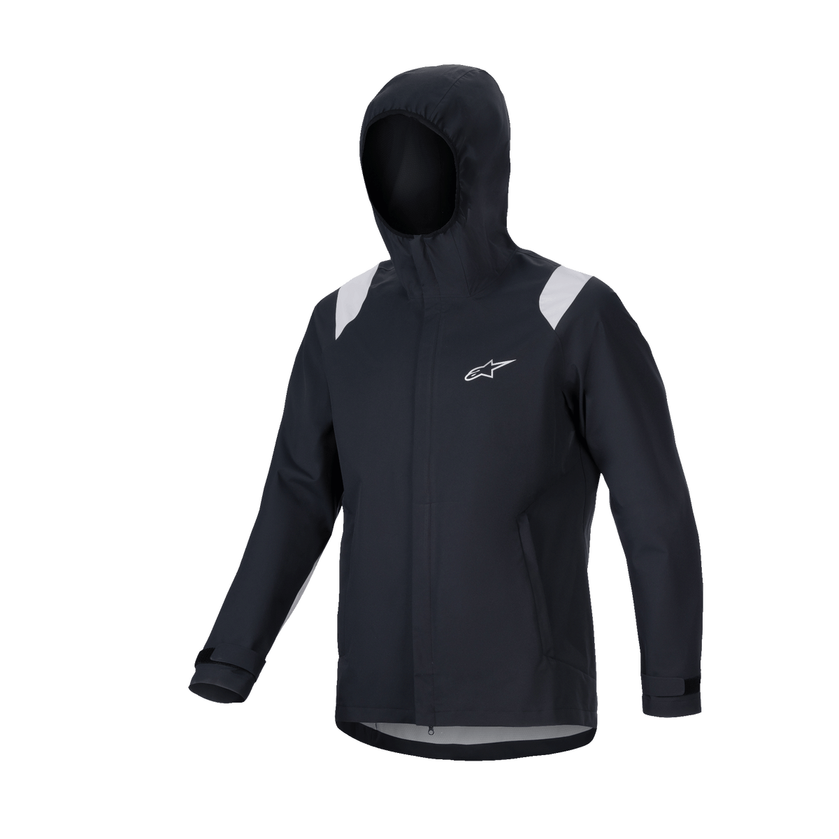Alpinestars A-Dura Regenjacke, MTB-Regenjacke, Schwarz mit grauen Schultereinsätzen, weißes Astars-Logo auf der Brust, wasserdichtes Design mit Kapuze und 2,5-lagiger Membran, funktionelle technische Ausrüstung für den Offroad-Radsport