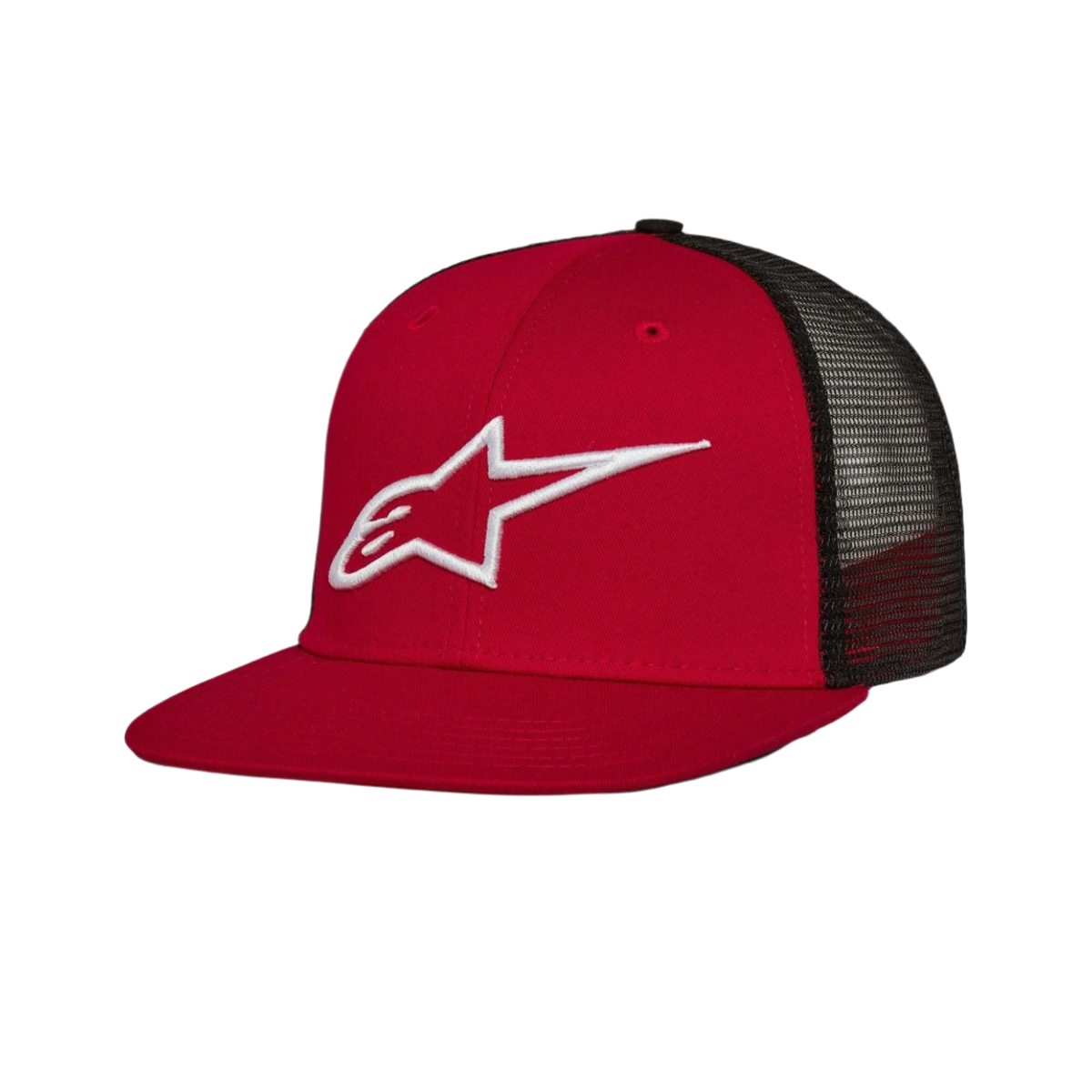 Alpinestars Corp Trucker Hat, Rot und Schwarz, Trucker-Cap mit flachem Schirm, weißes 3D-besticktes Logo, rote Köper-Vorderseite und schwarze Mesh-Rückseite