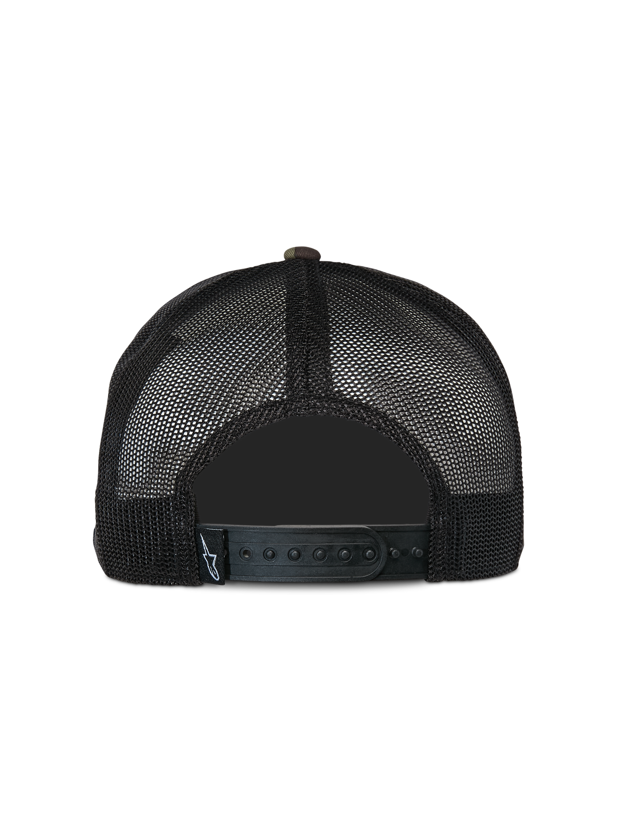 Alpinestars Corp Trucker Cap, Freizeit-Trucker-Cap, Green Camo und Schwarz, Rückansicht mit schwarzen Mesh-Einsätzen und verstellbarem Snapback-Verschluss, kleines gewebtes Logo-Etikett, klassisches vom Motorsport inspiriertes Design