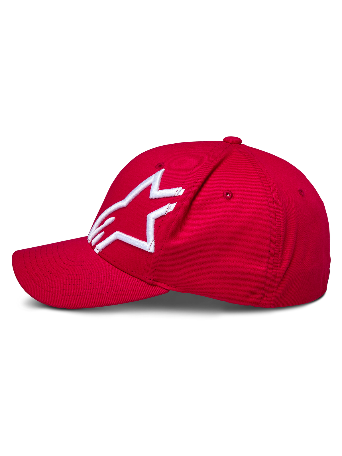 Alpinestars Corp Shift 2 Kappe mit gebogenem Schirm, Rot, mit weißem 3D-Sticklogo auf dem linken Panel, Seitenansicht, strukturierte Krone mit gebogenem Schirm, lässige, vom Motorsport inspirierte Kopfbedeckung.