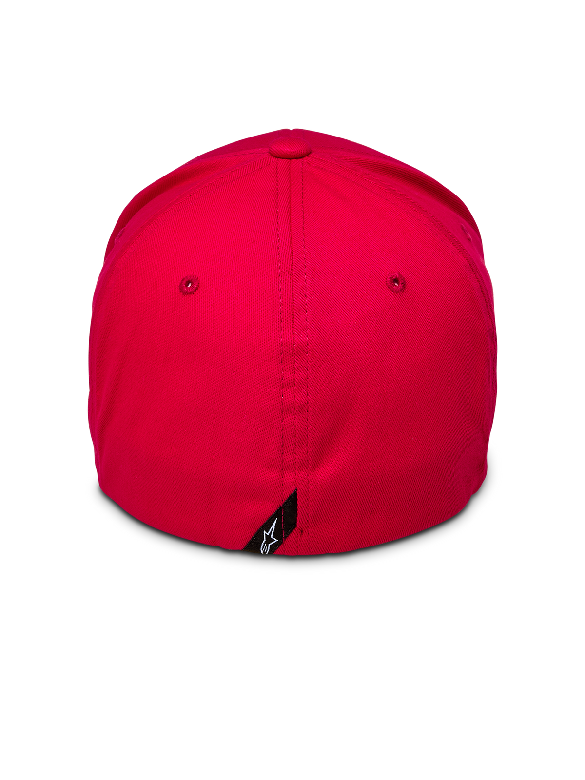 Alpinestars Corp Shift 2 Kappe mit gebogenem Schirm, Rot, Rückansicht zeigt Flex-Back-Design und kleines schwarzes Alpinestars-Logo-Etikett, strukturierte Krone aus rotem Stretch-Twill, lässige Motorsport-Kopfbedeckung