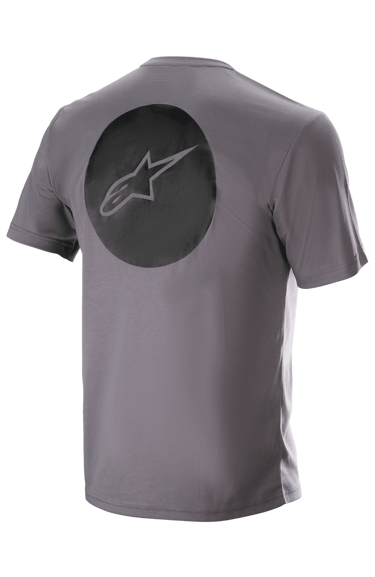 Alpinestars Dot Tech Tee, Kurzarm, Sparrow Gray, Rückansicht mit einer großen schwarzen kreisförmigen Grafik und dem Alpinestars-Sternlogo, technische feuchtigkeitsableitende MTB-Bekleidung