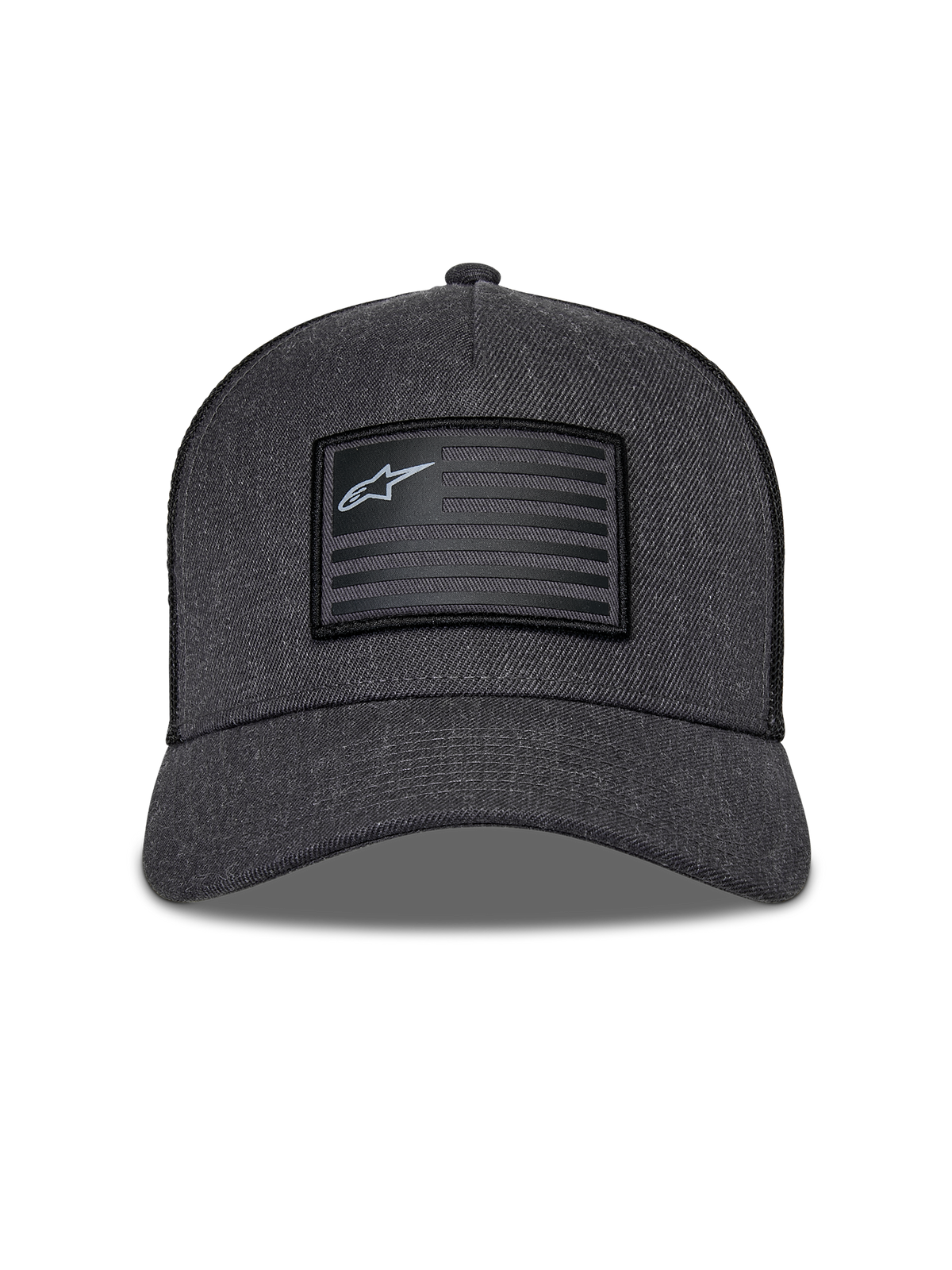 Alpinestars Flag Snapback Mütze, Anthrazit Melange und Schwarz, Frontansicht mit strukturierter Krone und gebogenem Schirm, rechteckiger Aufnäher im Flaggen-Stil mit Alpinestars-Logo und Streifen, lässige Motorsport-Streetwear