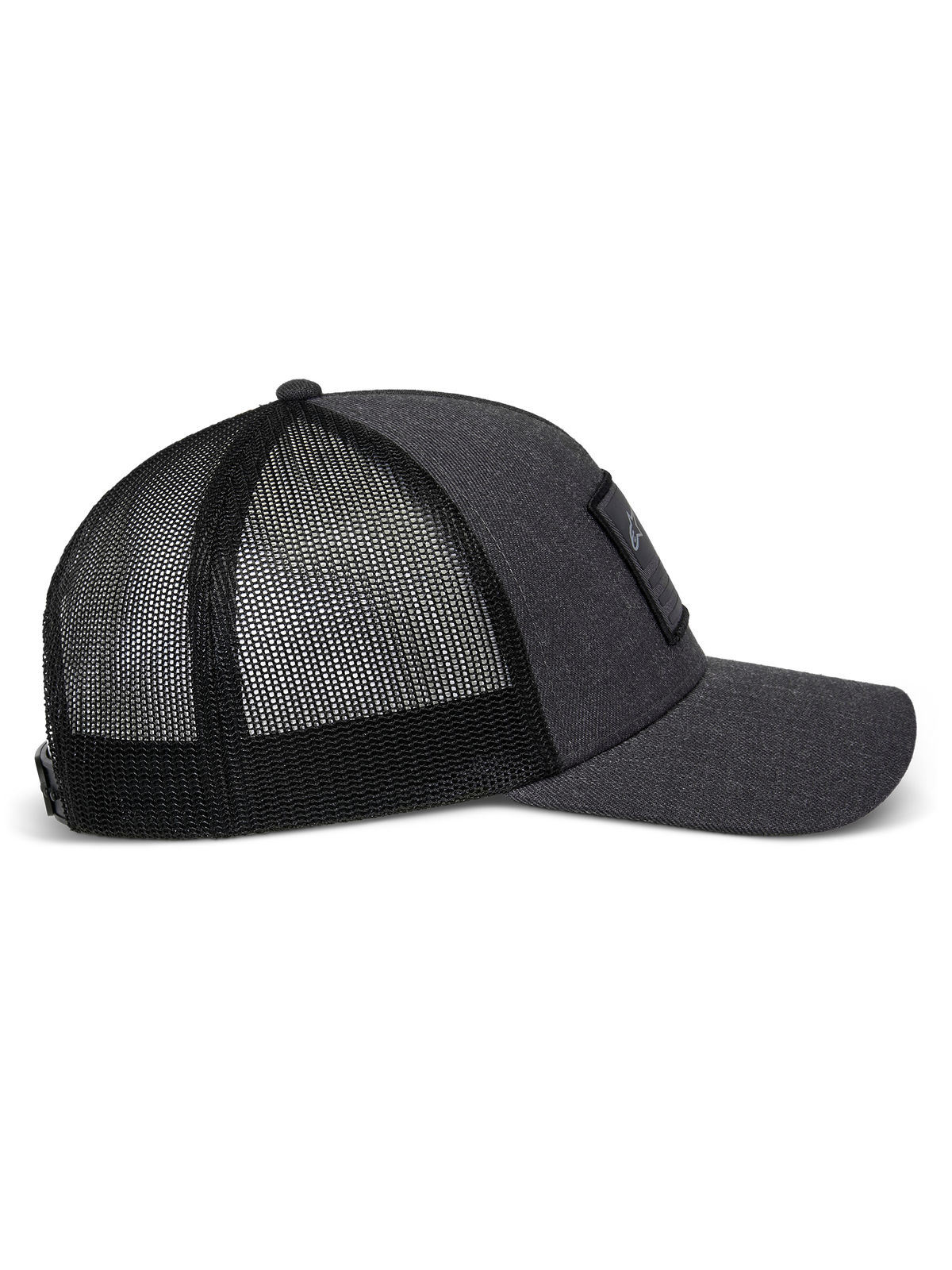 Alpinestars Flag Snapback Mütze in Charcoal Heather Black, Seitenansicht mit gebogenem Schirm, strukturierter Twill-Frontpartie mit Merrow-Patch und atmungsaktivem Polyester-Mesh-Rückteil.