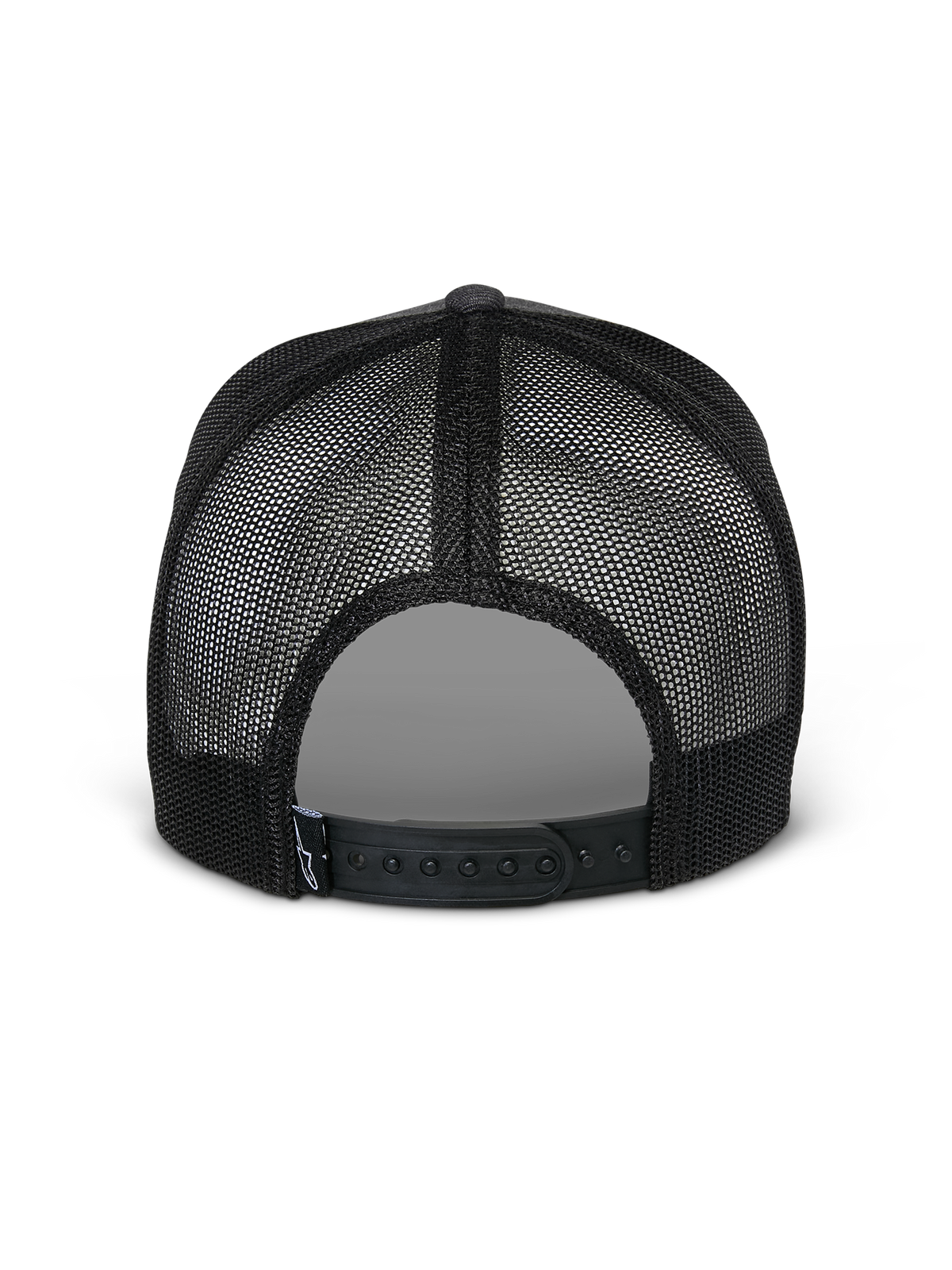 Alpinestars Flag Snapback Mütze, Rückansicht, Charcoal Heather Black, mit atmungsaktiven schwarzen Mesh-Einsätzen und verstellbarem Snapback-Verschluss, lässige vom Motorsport inspirierte Kopfbedeckung