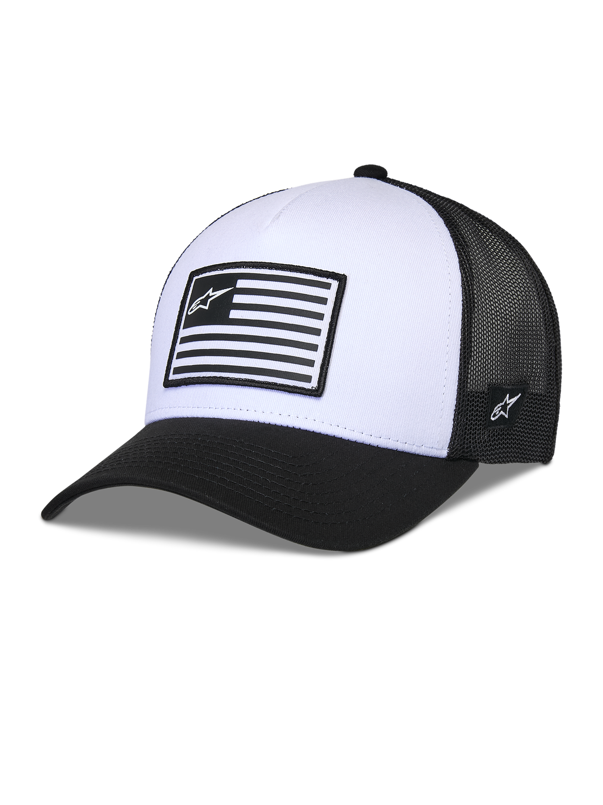 Alpinestars Flag Snapback Hat, Weiß und Schwarz, strukturierte Krone mit gebogenem Schirm, weiße Vorderseite und schwarze Mesh-Rückseite, rechteckiger Logo-Patch im Flaggen-Stil, lässige vom Motorsport inspirierte Kopfbedeckung