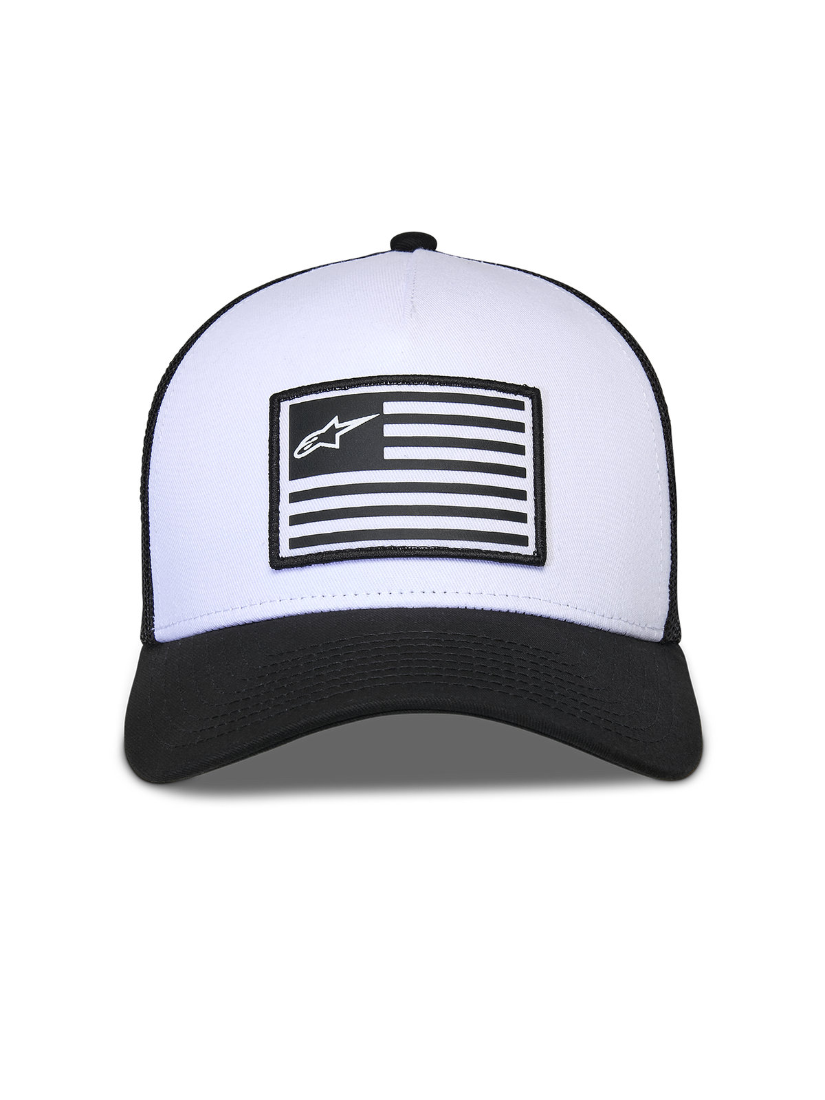 Alpinestars Flag Snapback Kappe, Weiß und Schwarz, strukturierte weiße Krone mit schwarzem gebogenem Schirm und Mesh-Rückseite, zentraler Flaggen-Aufnäher mit Alpinestars-Logo, lässige Motorsport-Kopfbedeckung