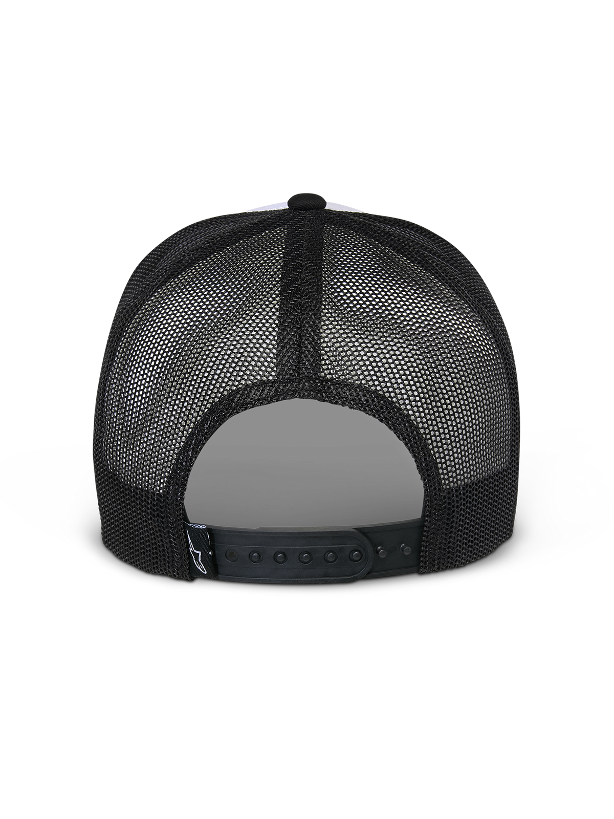 Alpinestars Flag Snapback Mütze, Weiß und Schwarz, Rückansicht mit schwarzen Mesh-Einsätzen und verstellbarem Snapback-Verschluss, lässige Motorsport-Kopfbedeckung