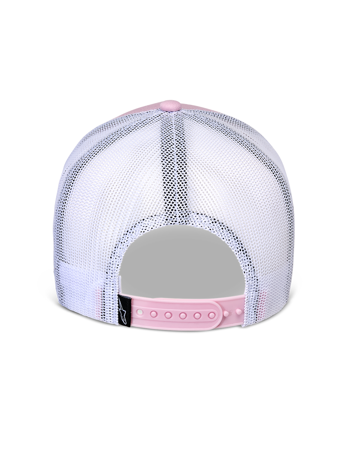 Alpinestars Flag Snapback Mütze, Rückansicht, Pink und Weiß, atmungsaktive weiße Mesh-Einsätze mit verstellbarem pinkem Snapback-Verschluss, kleines schwarzes Alpinestars Logo-Etikett, lässige vom Motorsport inspirierte Kopfbedeckung