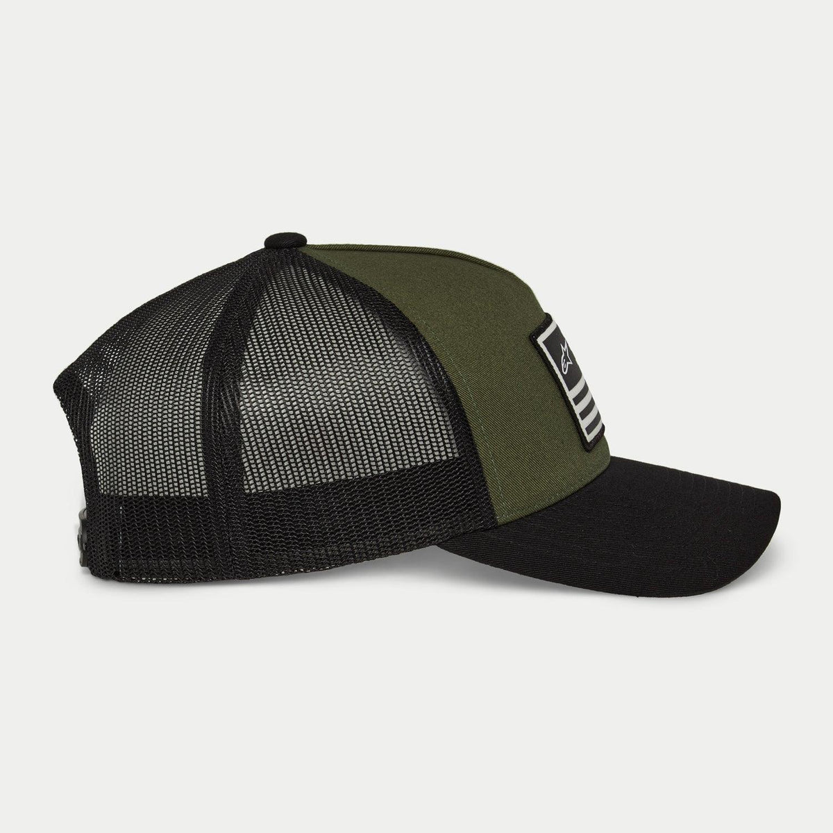 Alpinestars Flag Snapback Hat, Military Green and Black, side profile view with curved bill and black mesh back panels, front rectangular patch with white logo and stripes, casual motorsport-inspired headwear