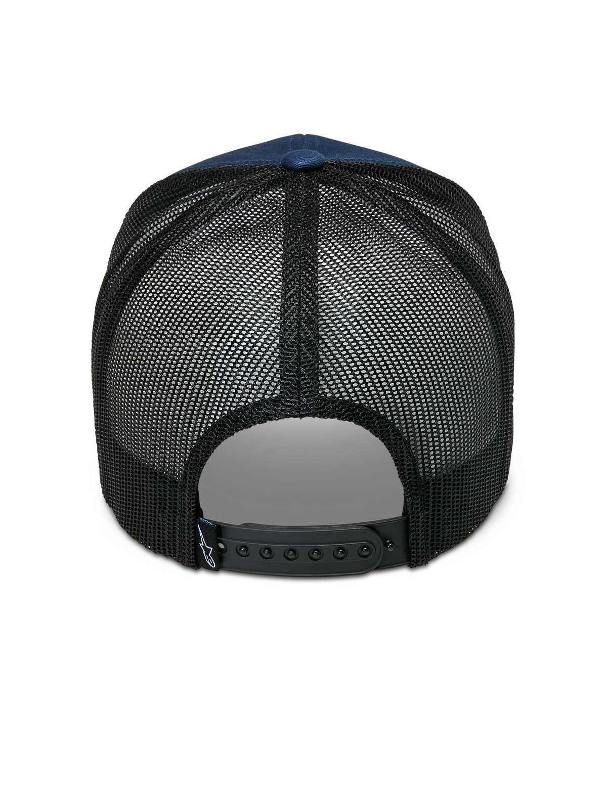 Alpinestars Cali 2.0 Hat, Navy Blue and Black, rear view showing breathable poly mesh back, adjustable black snapback closure, and small logo tag, casual trucker cap design