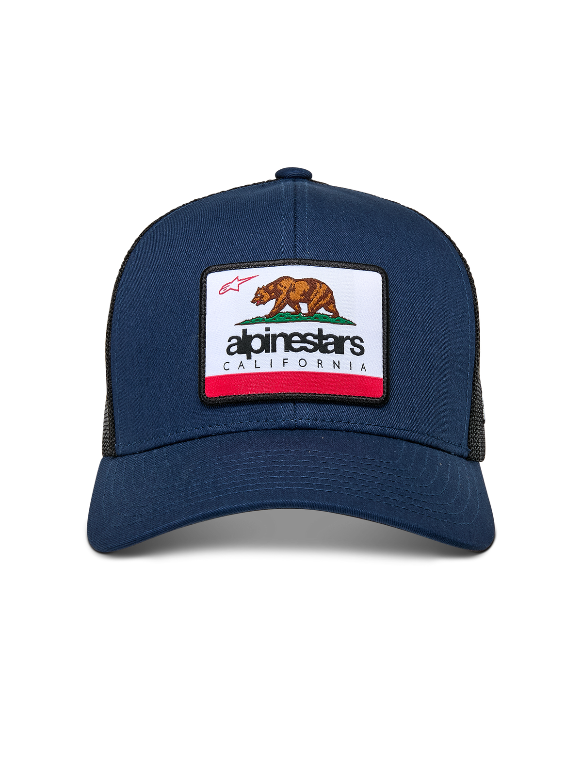 Alpinestars Cali 2.0 Hat, Navy Blue, featuring a woven merrow patch with a California bear and Alpinestars branding, curved bill, structured crown with poly mesh back, casual motorsport streetwear
