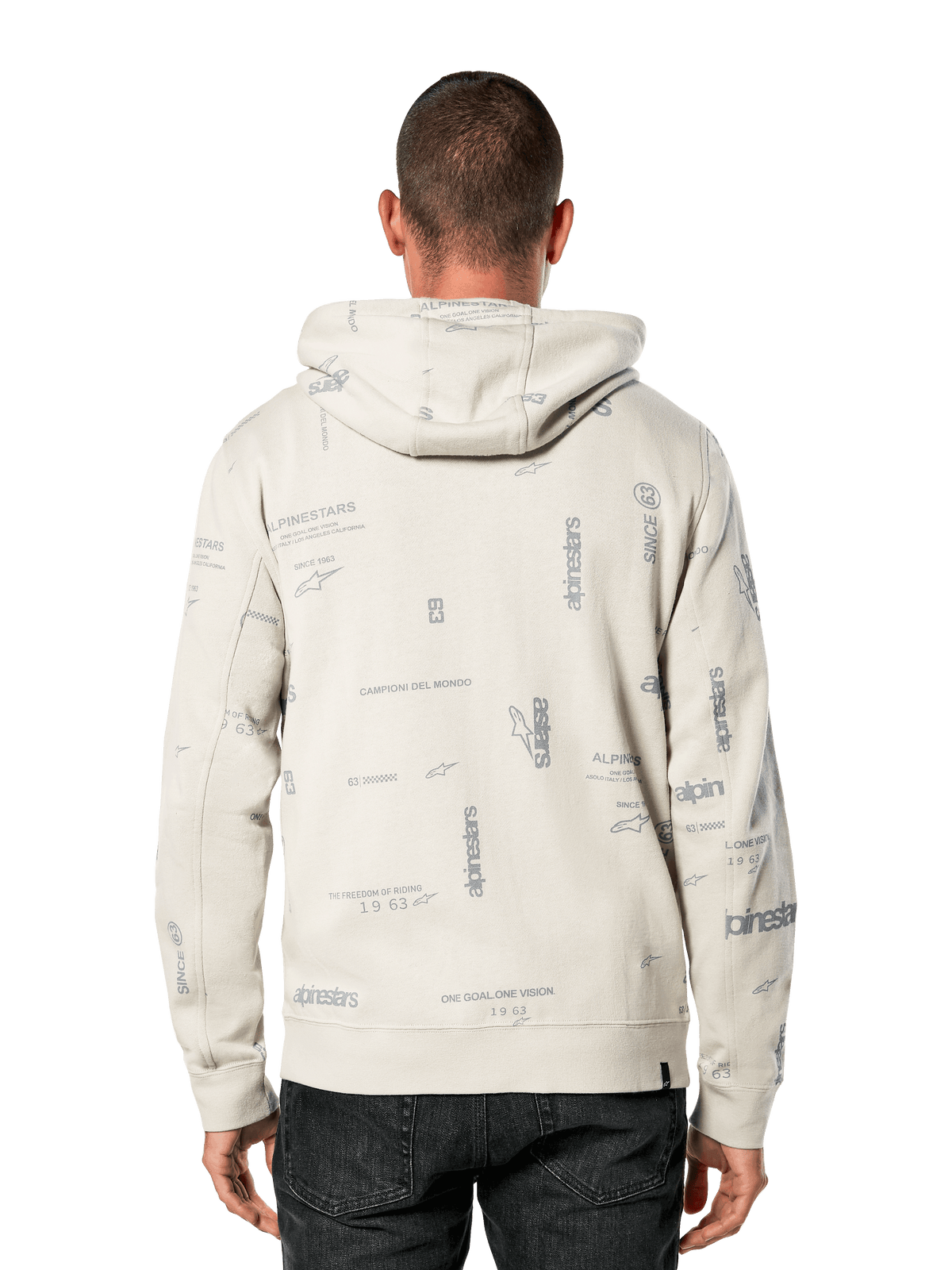 Alpinestars Plenitude Hoodie, Rückansicht, Off-White mit grauem Allover-Print mit Markenslogans und Logos, lässige Sportbekleidung, Rippbündchen an Ärmeln und Saum, Kapuzenpullover für den Alltag