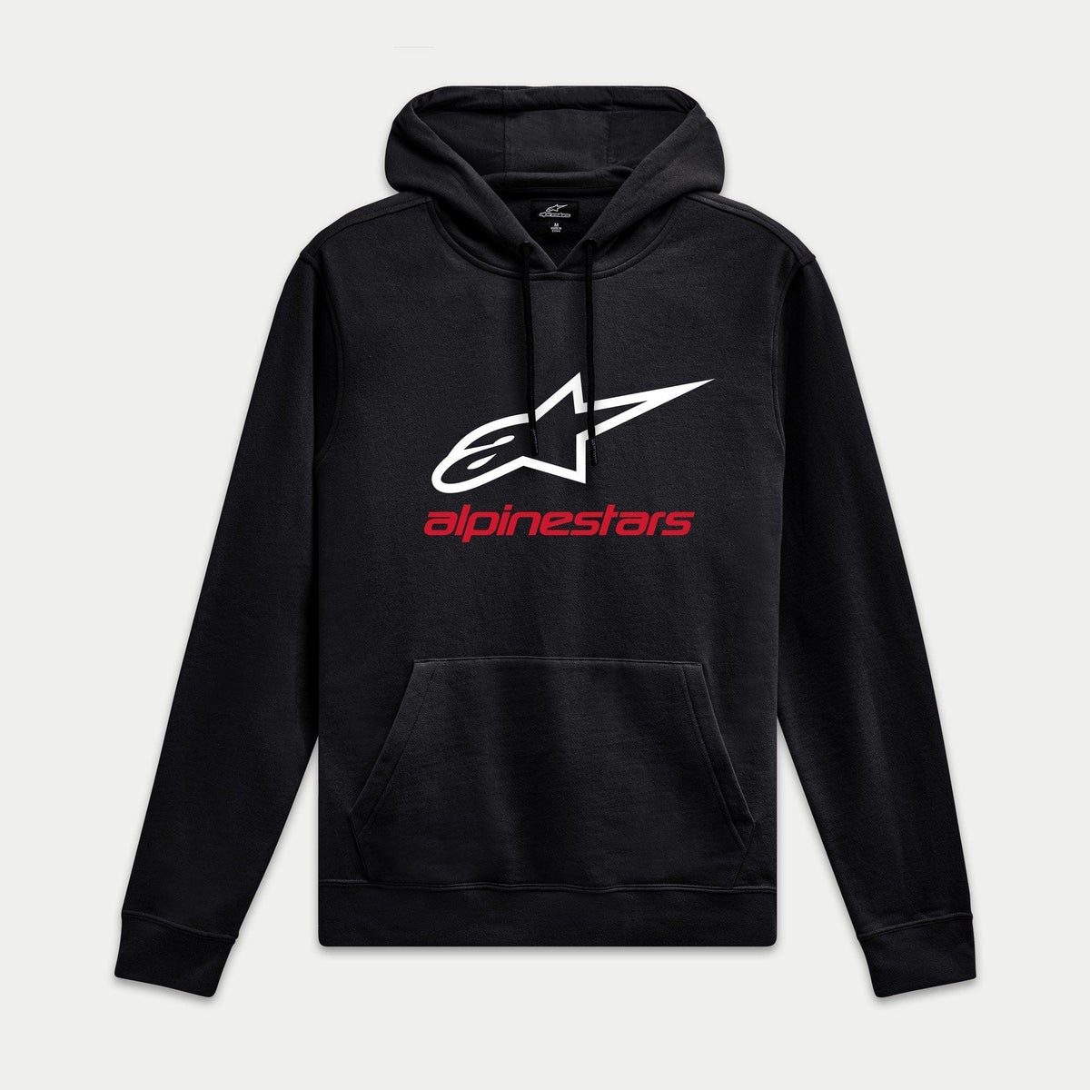 Alpinestars Always V3 Hoodie, Schwarz, Fleece-Pullover mit weißem Stern-Logo und rotem Branding, lässige Motorsport-Streetwear, Rippbündchen und Saum