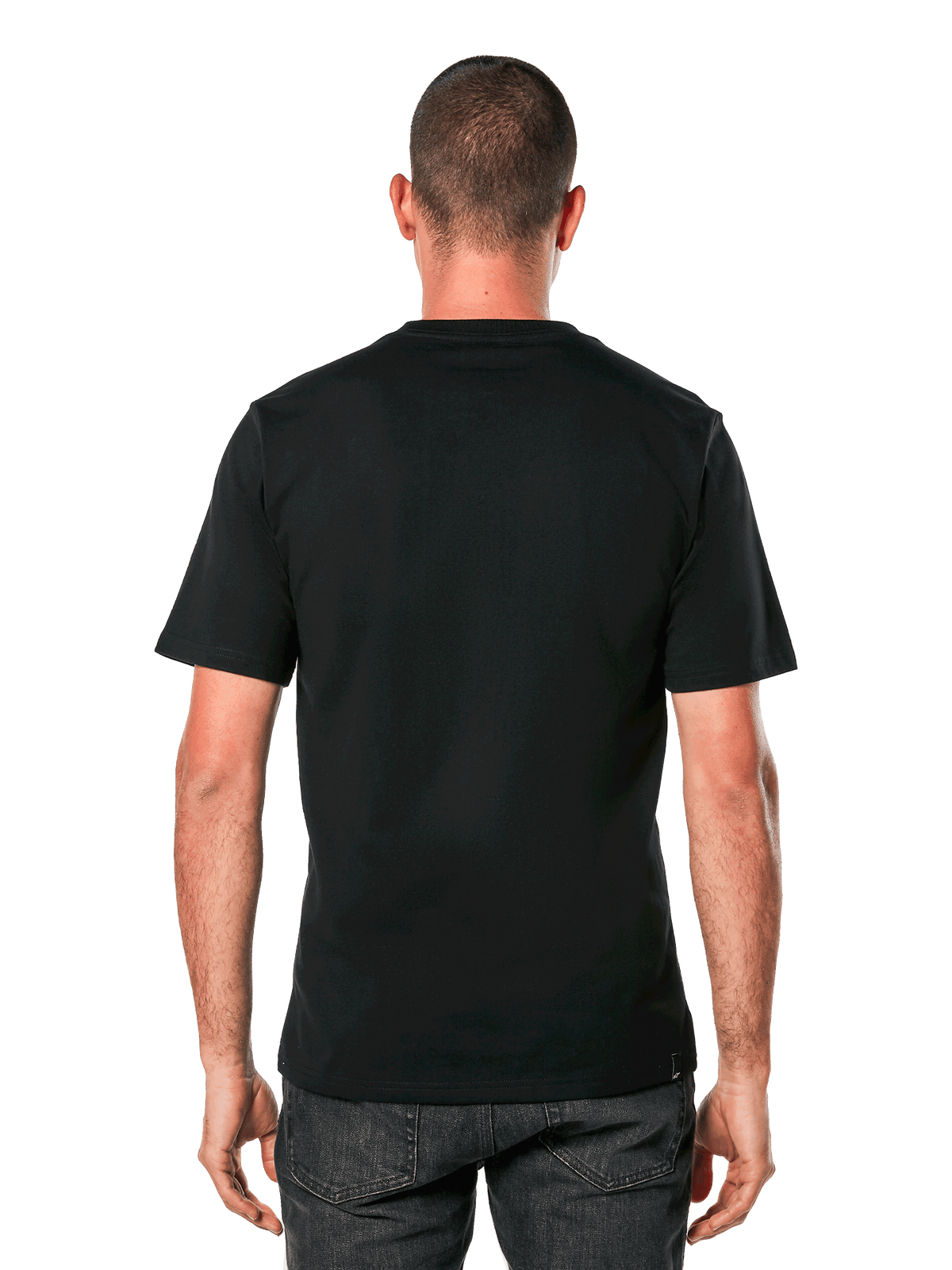 Alpinestars Ageless 2.0 CSF Tee, Kurzarm-T-Shirt, Schwarz, Rückansicht am Modell, schlichtes Design mit Cut-and-Sew-Passform, lässige vom Motorsport inspirierte Sportbekleidung