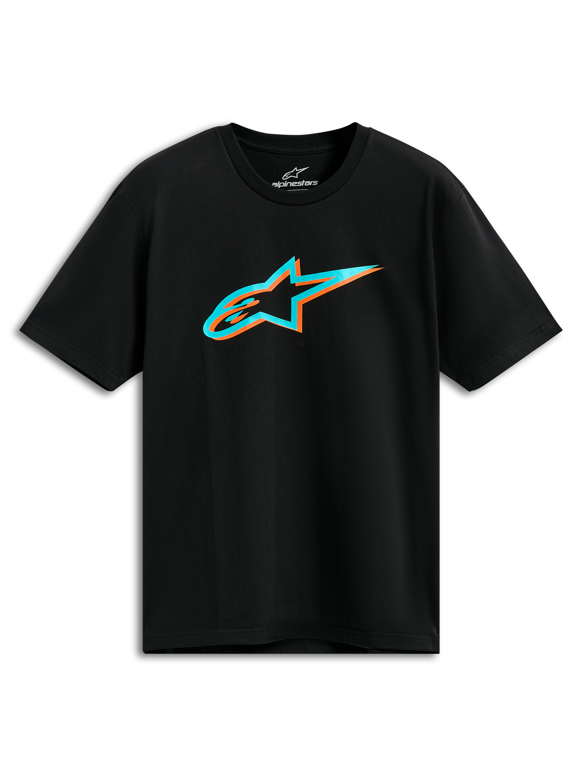 Alpinestars Ageless Shadow CSF Tee, Kurzarm-T-Shirt, Schwarz, türkisfarbenes und oranges Shadow Astars-Logo, lässige Motorsport-Streetwear