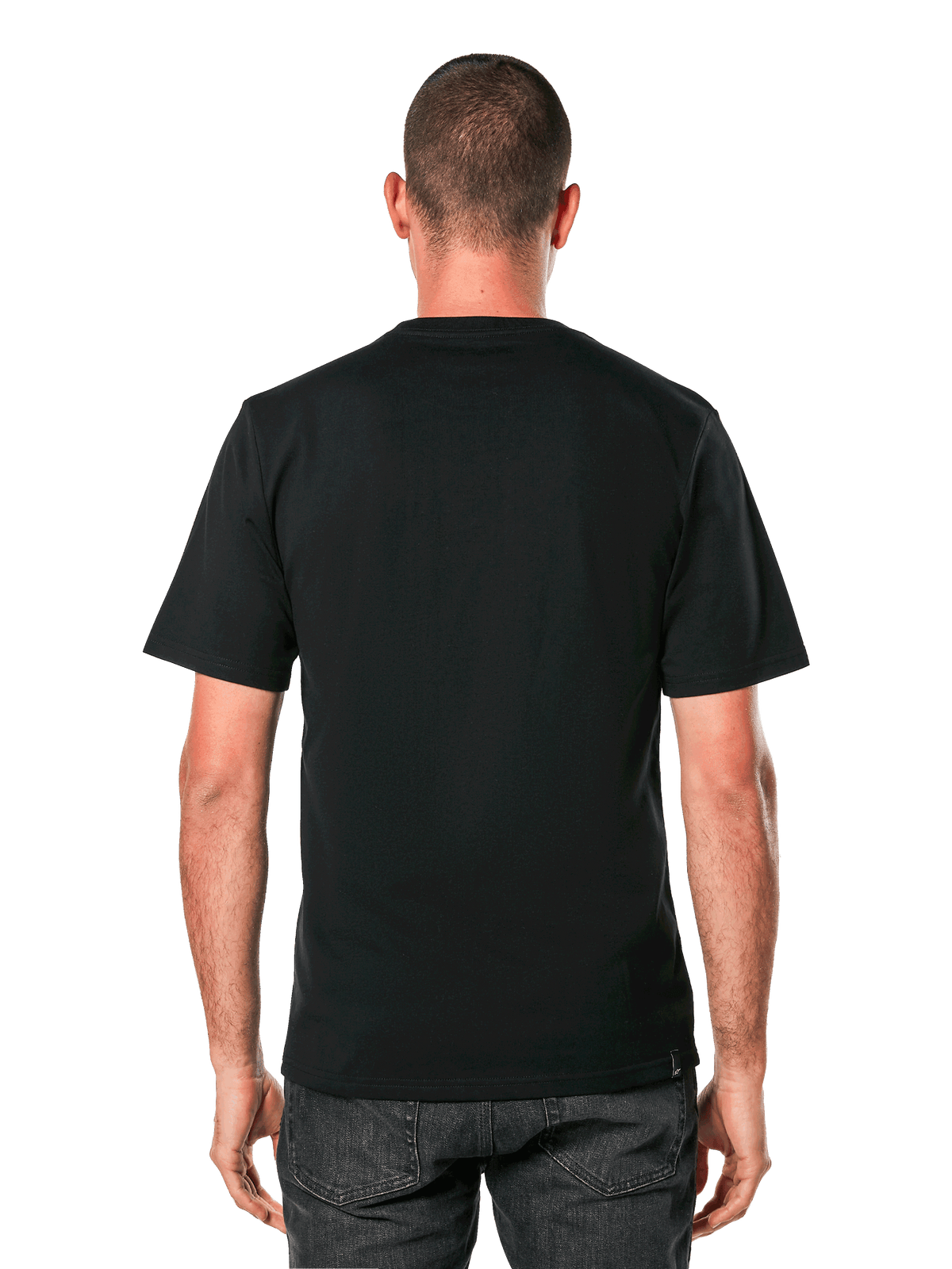 Alpinestars Always 2.0 CSF T-Shirt, kurzärmeliges T-Shirt, Schwarz, Rückansicht mit schlichtem Rückendesign, am Model getragen, Casual Motorsport Streetwear