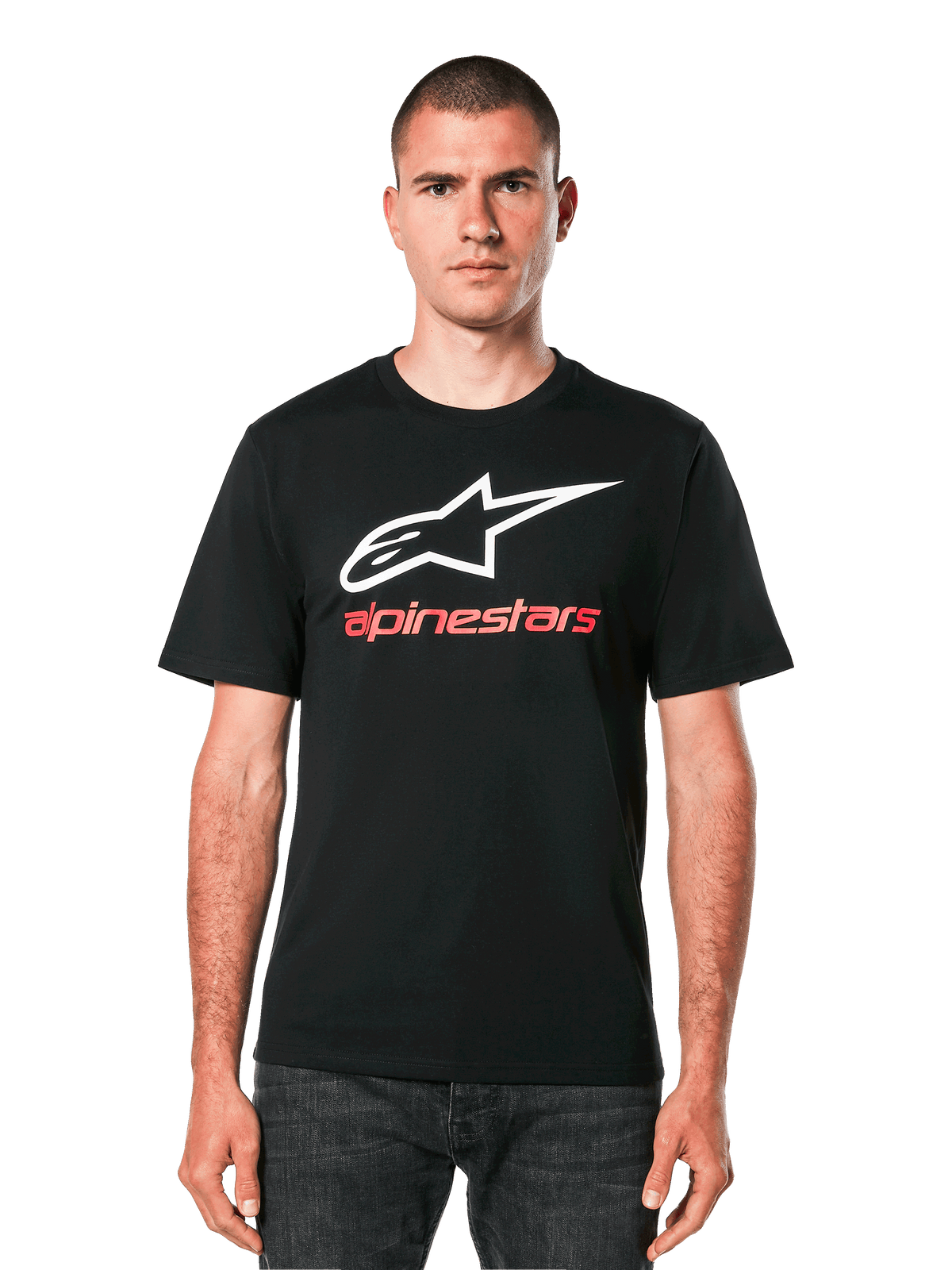 Alpinestars Always 2.0 CSF T-Shirt, Kurzarm-Shirt, Schwarz, weißes Stern-Logo mit rotem Alpinestars-Schriftzug, Legere Motorsport-Streetwear