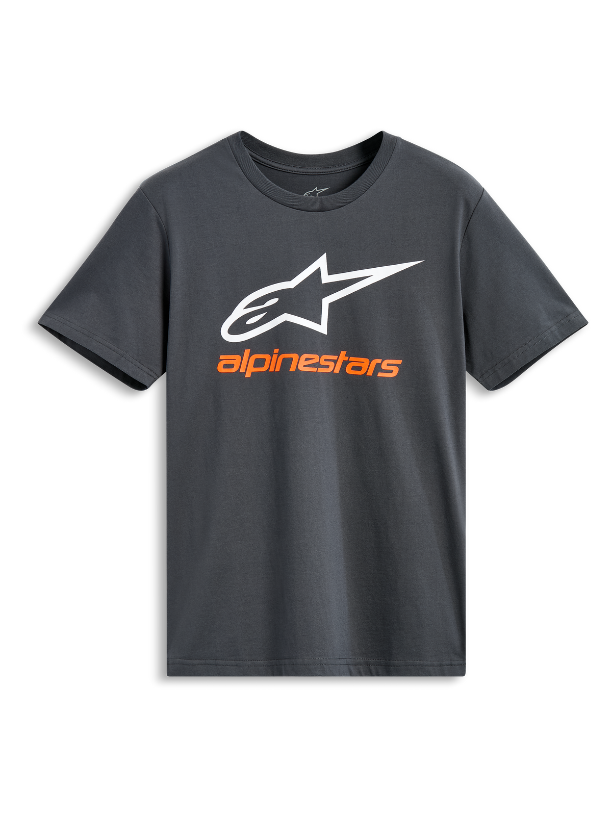 Alpinestars Always 2.0 CSF Tee, kurzärmeliges T-Shirt, Anthrazit, großes weißes Alpinestars-Logo mit orangem Markennamen, lässige Motorsport-Streetwear