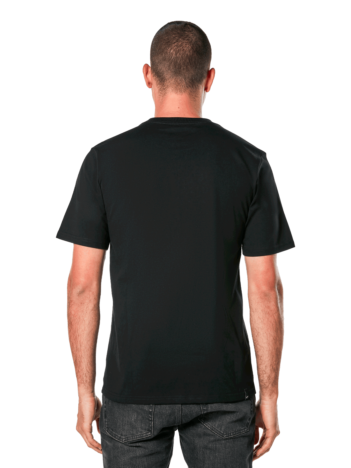 Alpinestars Ride 4.0 CSF Tee, back view, black short sleeve t-shirt, casual motorsport-inspired sportswear, worn by man with dark jeans