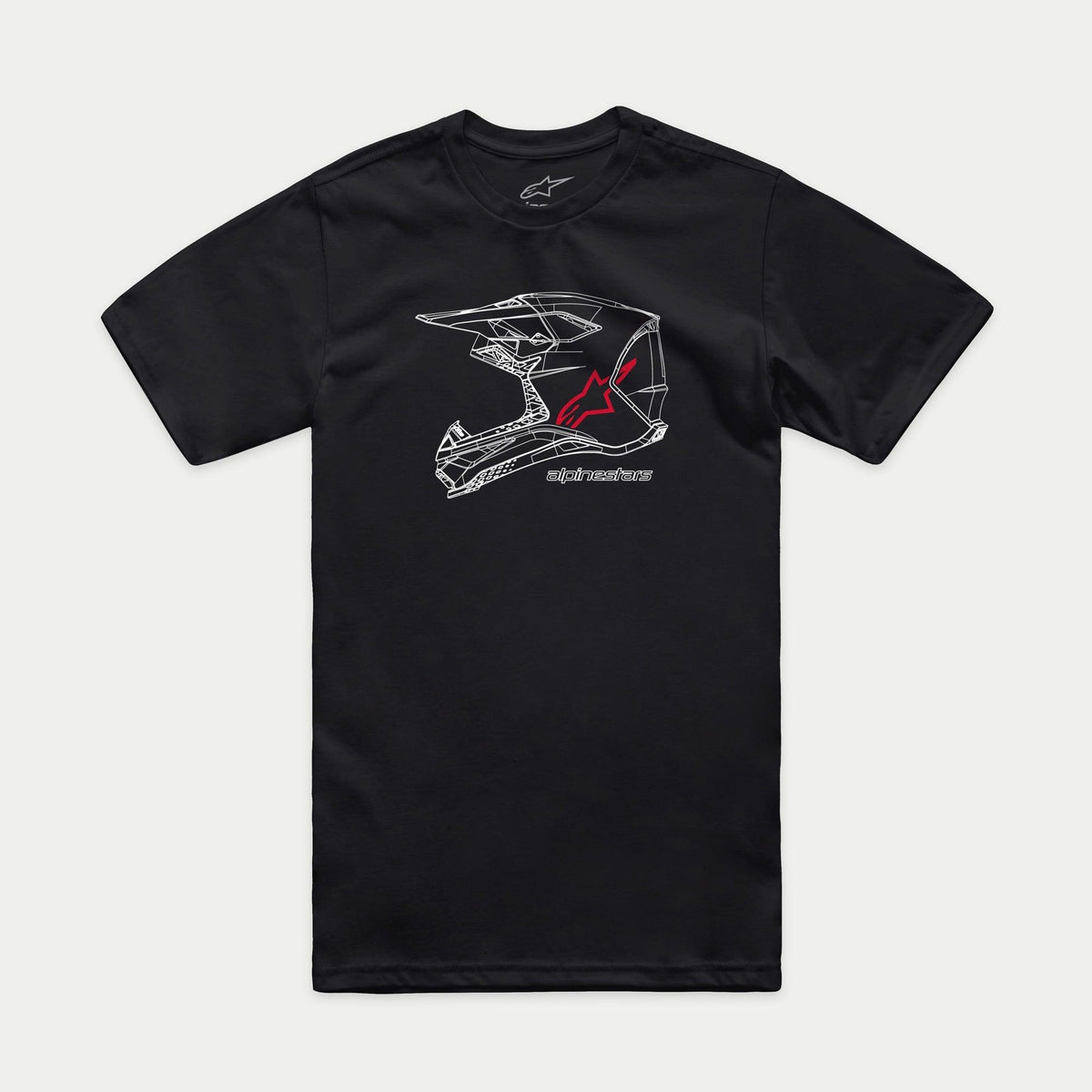 Alpinestars MX Helmet CSF T-Shirt, Kurzarm-T-Shirt, Schwarz, weiße MX-Helm-Grafik in Gitteroptik mit rotem Alpinestars-Logo und Schriftzug, lässige Motorsport-Streetwear