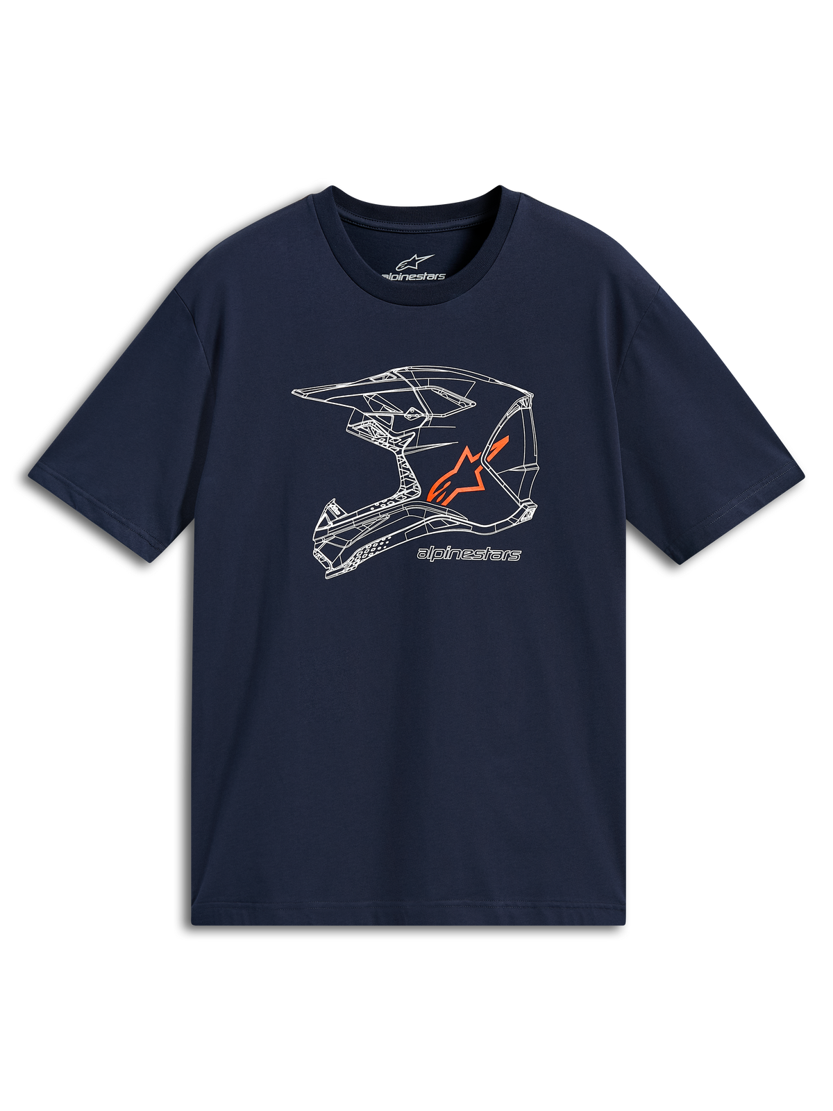 Alpinestars MX Helmet CSF Tee, Kurzarm-T-Shirt, Dunkelblau, weiße MX-Helm-Grafik mit orangem Logo, lässige Motorsport-Sportbekleidung