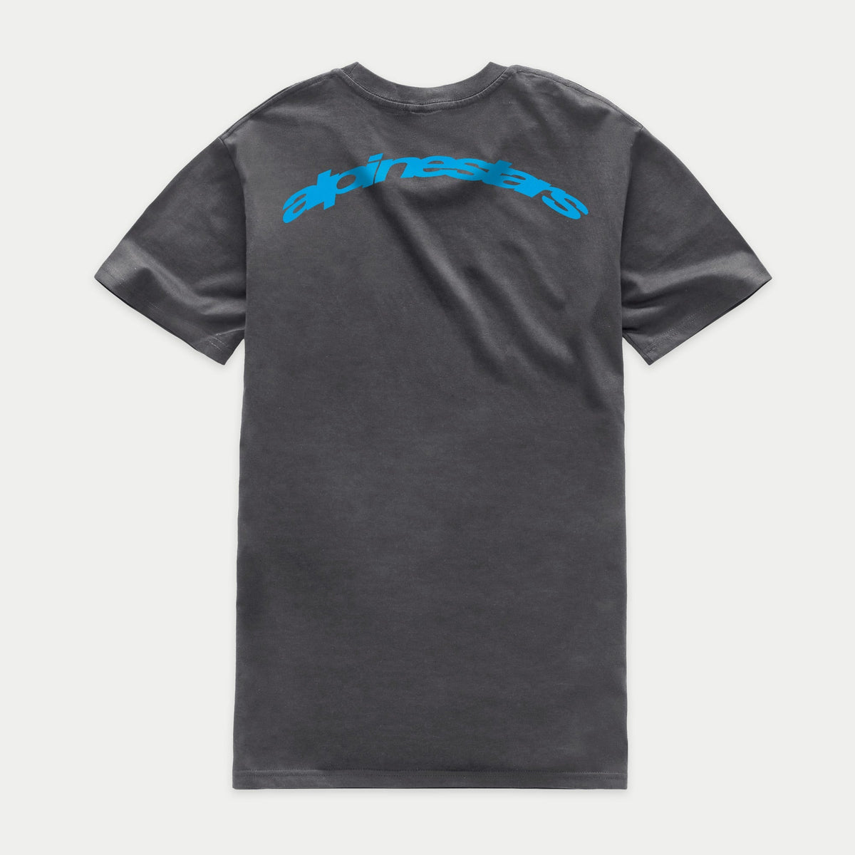Alpinestars Horizon CSF Tee, Short Sleeve T-Shirt, Charcoal Gray, back view with blue arc Alpinestars wordmark across the shoulders, casual sportswear