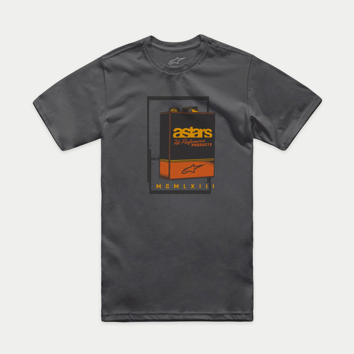 Alpinestars Galun CSF Tee, Short Sleeve T-Shirt, Charcoal, Front Vintage Gas Can Art with Astars Branding and Roman Numerals MCMLXIII, Casual Motorsport Streetwear