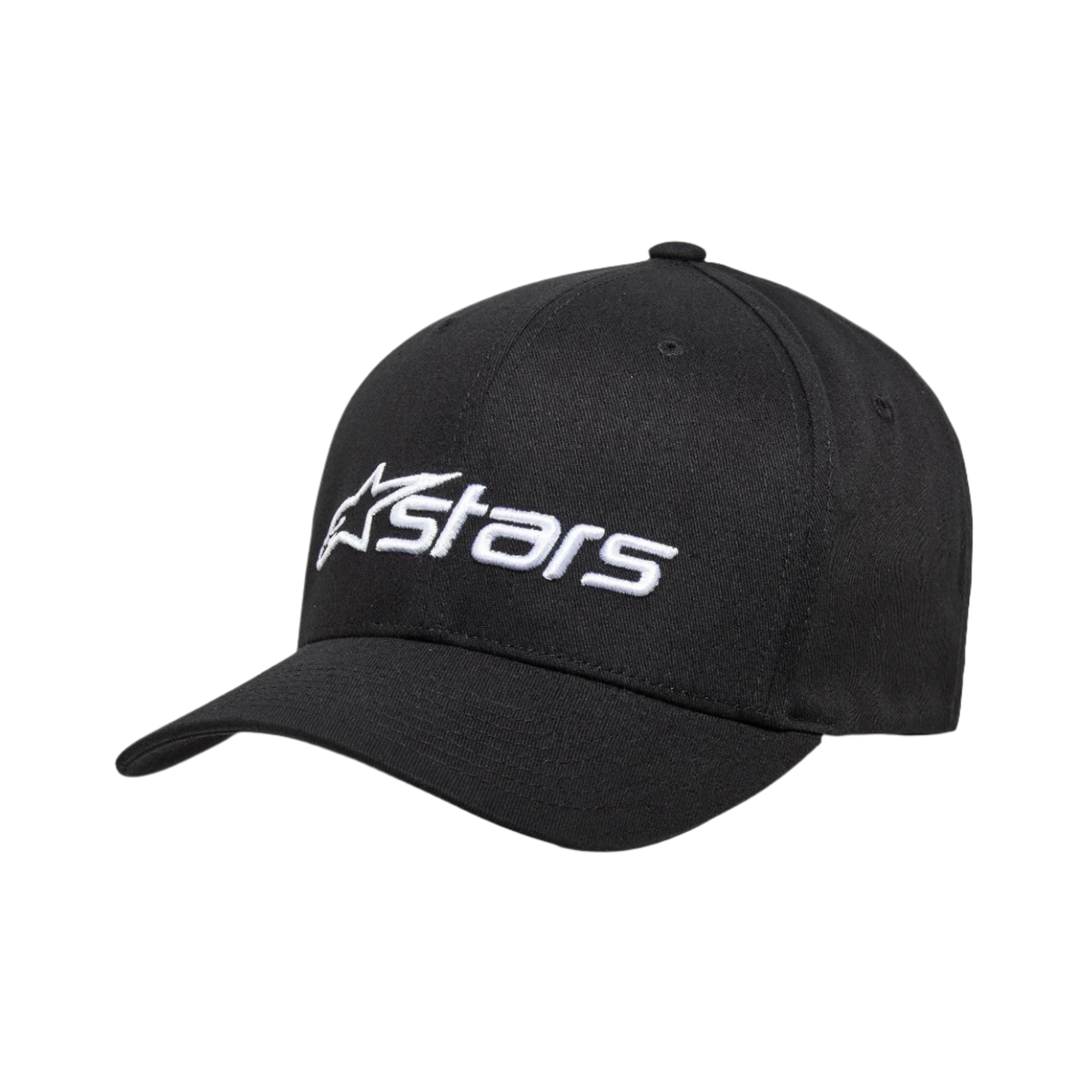 Alpinestars Blaze 2.0 Mütze, strukturierte Baseball-Cap, schwarz, weiß gesticktes Logo auf der Vorderseite, gebogener Schirm, Stretch-Twill-Gewebe, lässige Motorsport-Kopfbedeckung