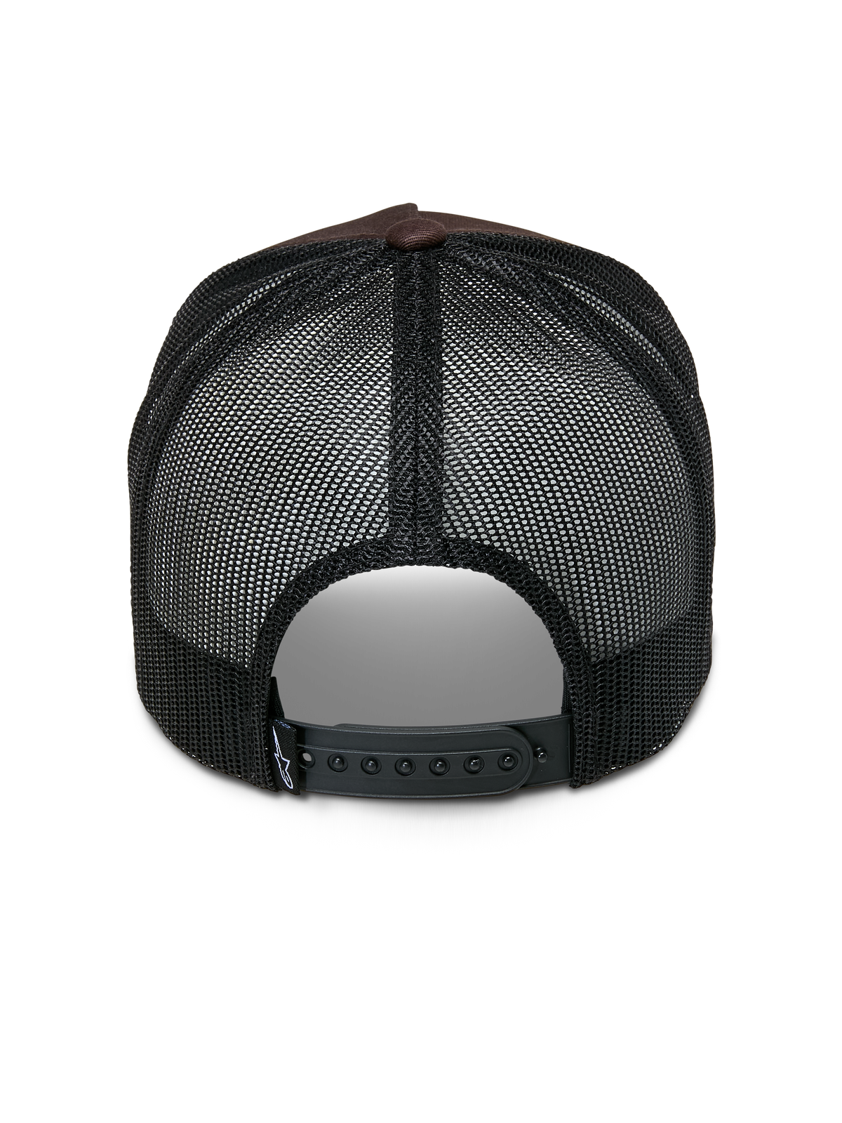 Alpinestars Heritage Patch Trucker Hat, Trucker-Cap, Braun und Schwarz, Rückansicht mit schwarzen Mesh-Einsätzen, verstellbarer Snapback-Verschluss, kleines weißes Logo-Detail am Verschlussriemen