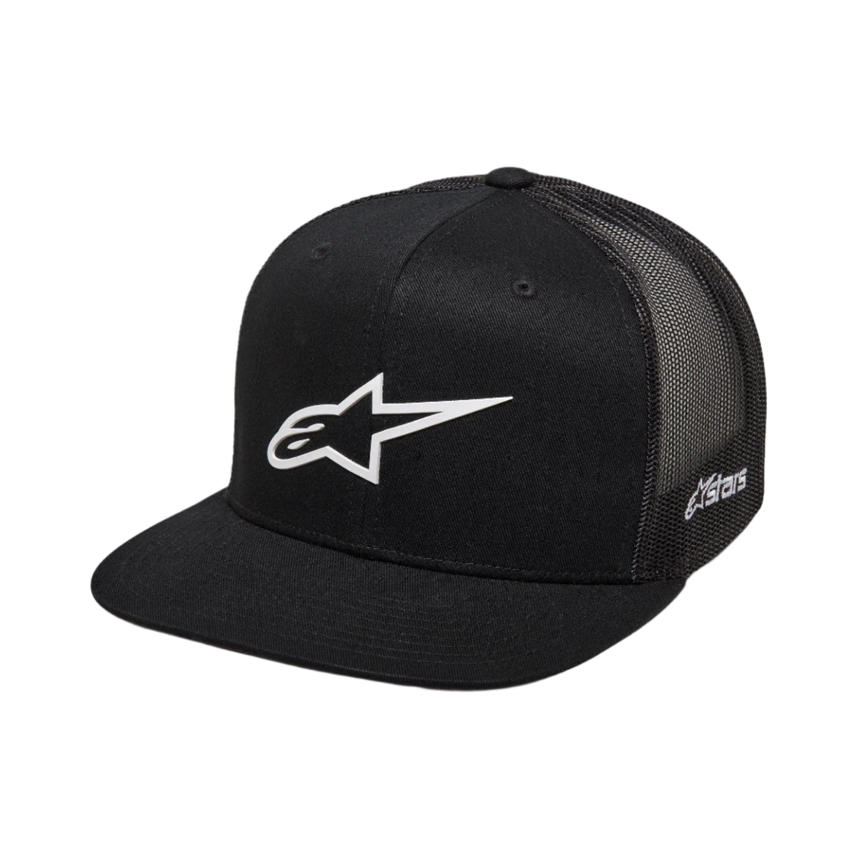Alpinestars 3D Ageless Trucker Hat, Schwarz mit weißem Alpinestars-Logo, flacher Schirm, strukturierte Krone, schwarze Mesh-Rückseite, lässige Motorsport-inspirierte Sportbekleidung