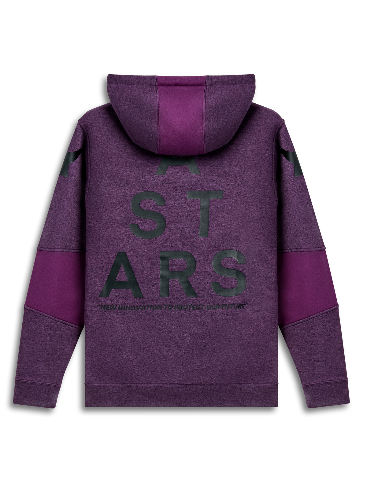 Alpinestars Perpetuate Hoodie, lila Sportswear-Pullover-Hoodie, Rückansicht mit Rückentyp-Grafik und Stoffblockierungsdetails.