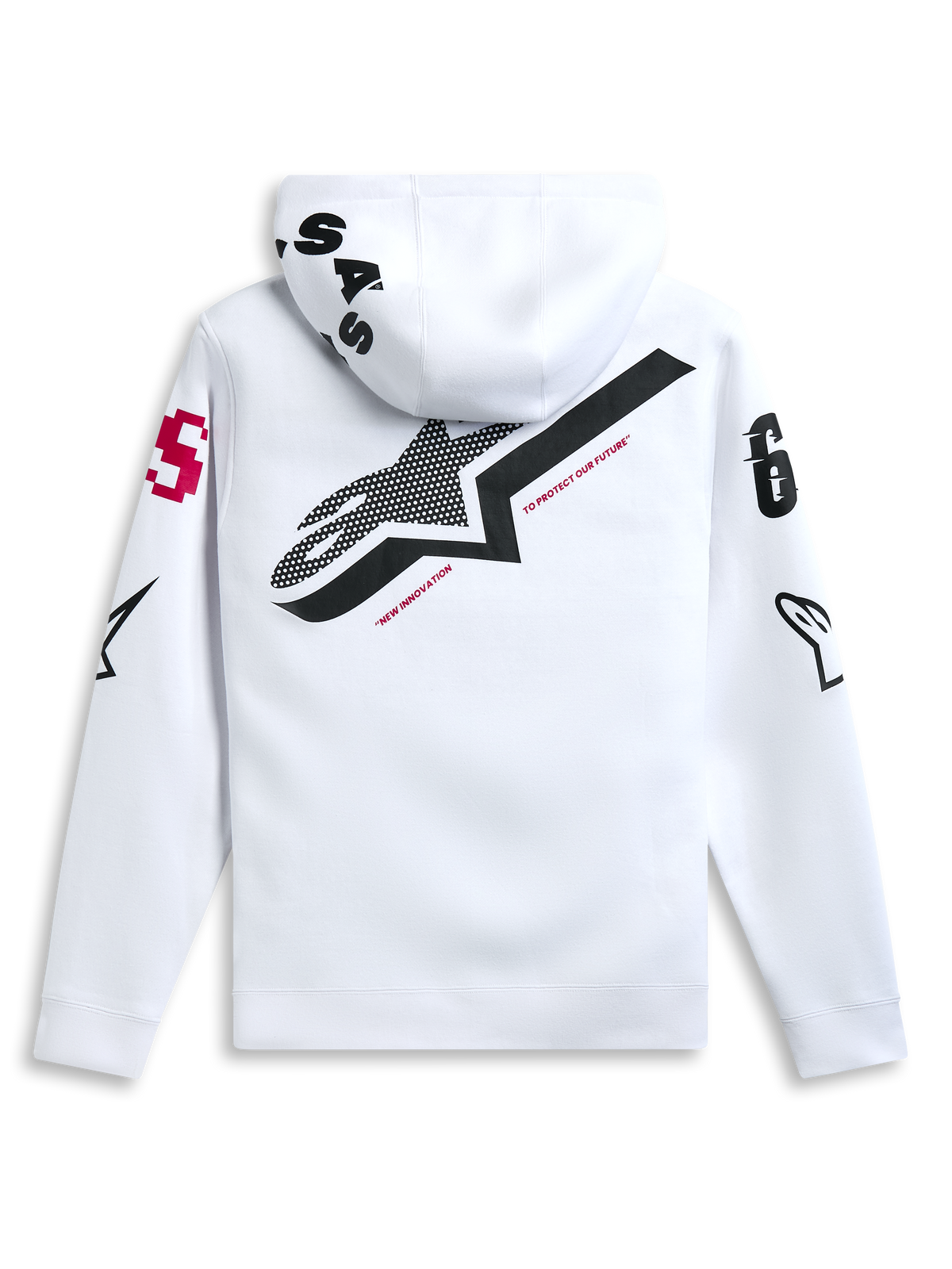 Alpinestars Variegate Hoodie, Weiß, Rückansicht mit großem schwarzem Stern-Logo und rotem „New Innovation“-Schriftzug, Multi-Logo-Grafiken auf Ärmeln und Kapuze, lässige Motorsport-inspirierte Streetwear