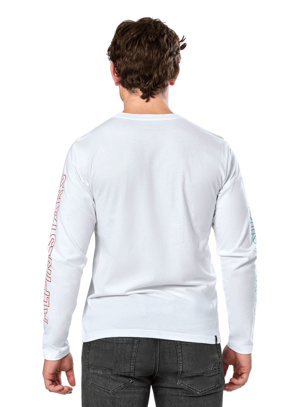 Alpinestars Ayess Csf Tee, Langarm-T-Shirt, Weiß, Rückansicht, mit rotem Alpinestars-Schriftzug auf dem rechten Ärmel und blauen Grafiken auf dem linken Ärmel, lässige motorsport-inspirierte Streetwear