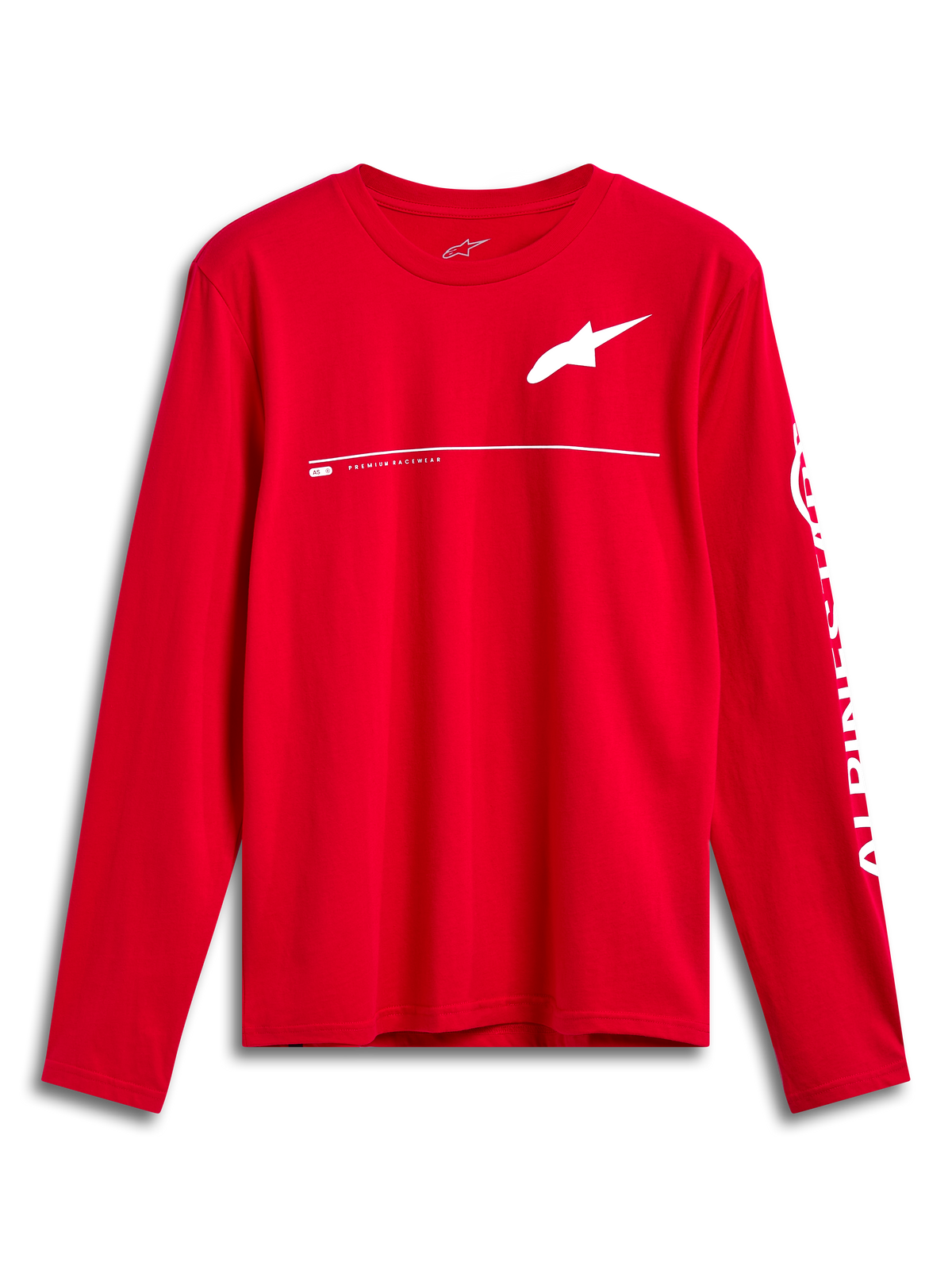 Alpinestars Committed CSF Tee, Long Sleeve T-Shirt, Red, White Astars chest logo and Alpinestars sleeve branding, casual motorsport-inspired design