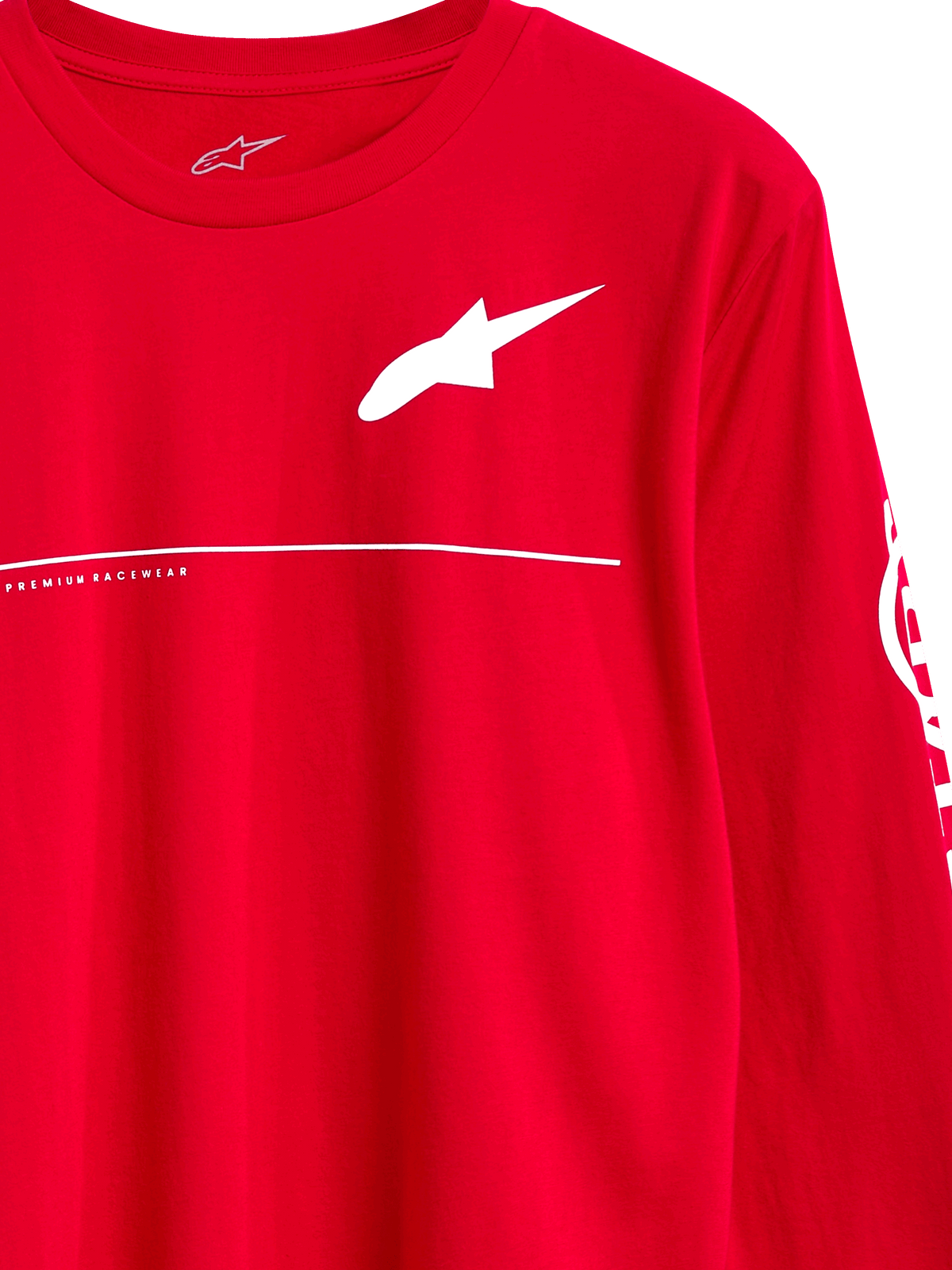 Alpinestars Committed CSF Tee, Long Sleeve T-Shirt, Red, White Astars Logo with Premium Racewear text and horizontal line, casual motorsport streetwear