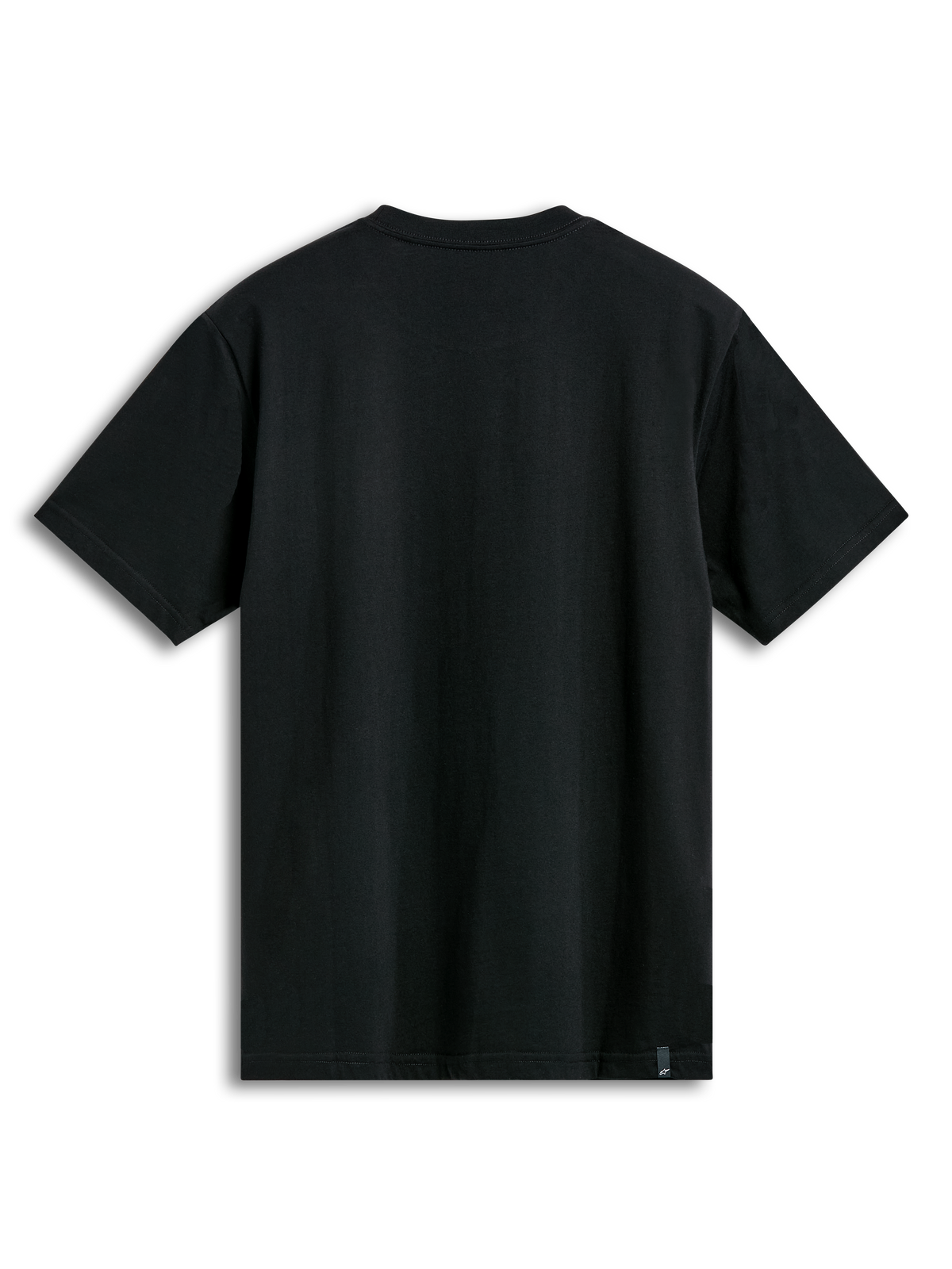 Alpinestars Semicircle CSF Tee, Short Sleeve T-Shirt, Black, back view showing plain fabric and small brand tag on the bottom hem, casual motorsport streetwear