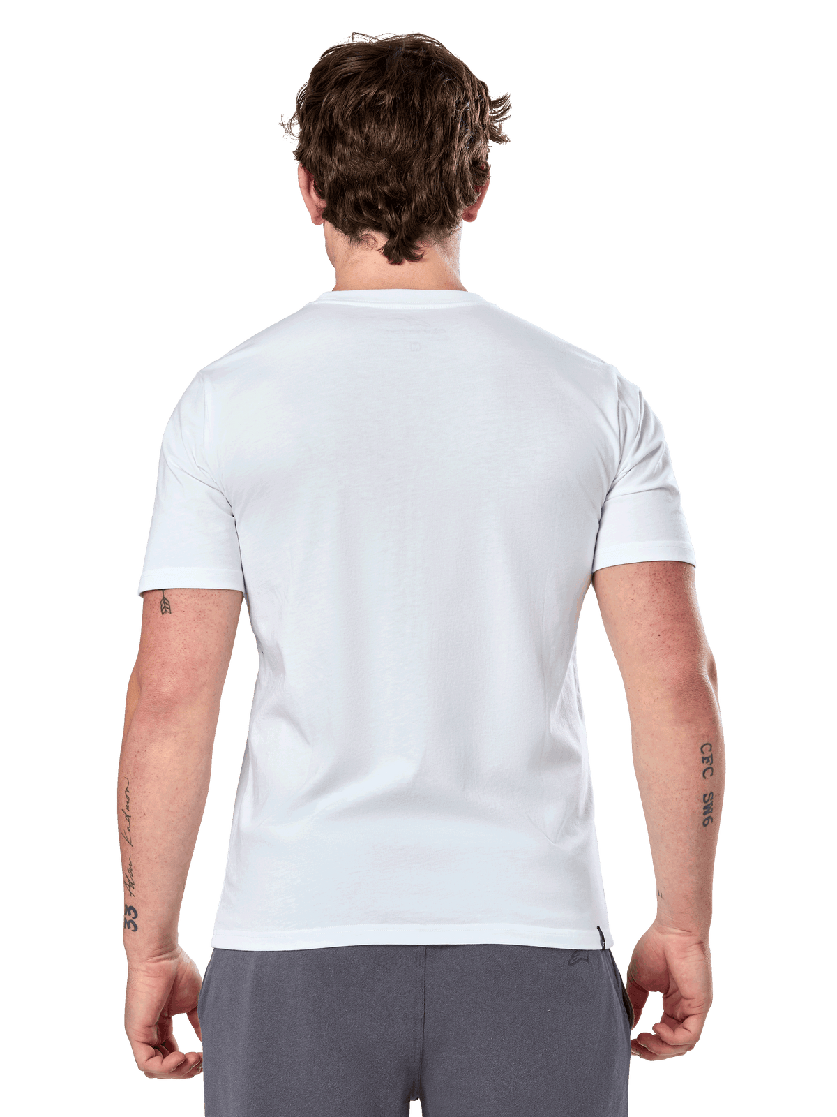 Alpinestars Geografica CSF Tee, Short Sleeve T-Shirt, White, Back View, worn by model with grey pants, casual motorsport streetwear