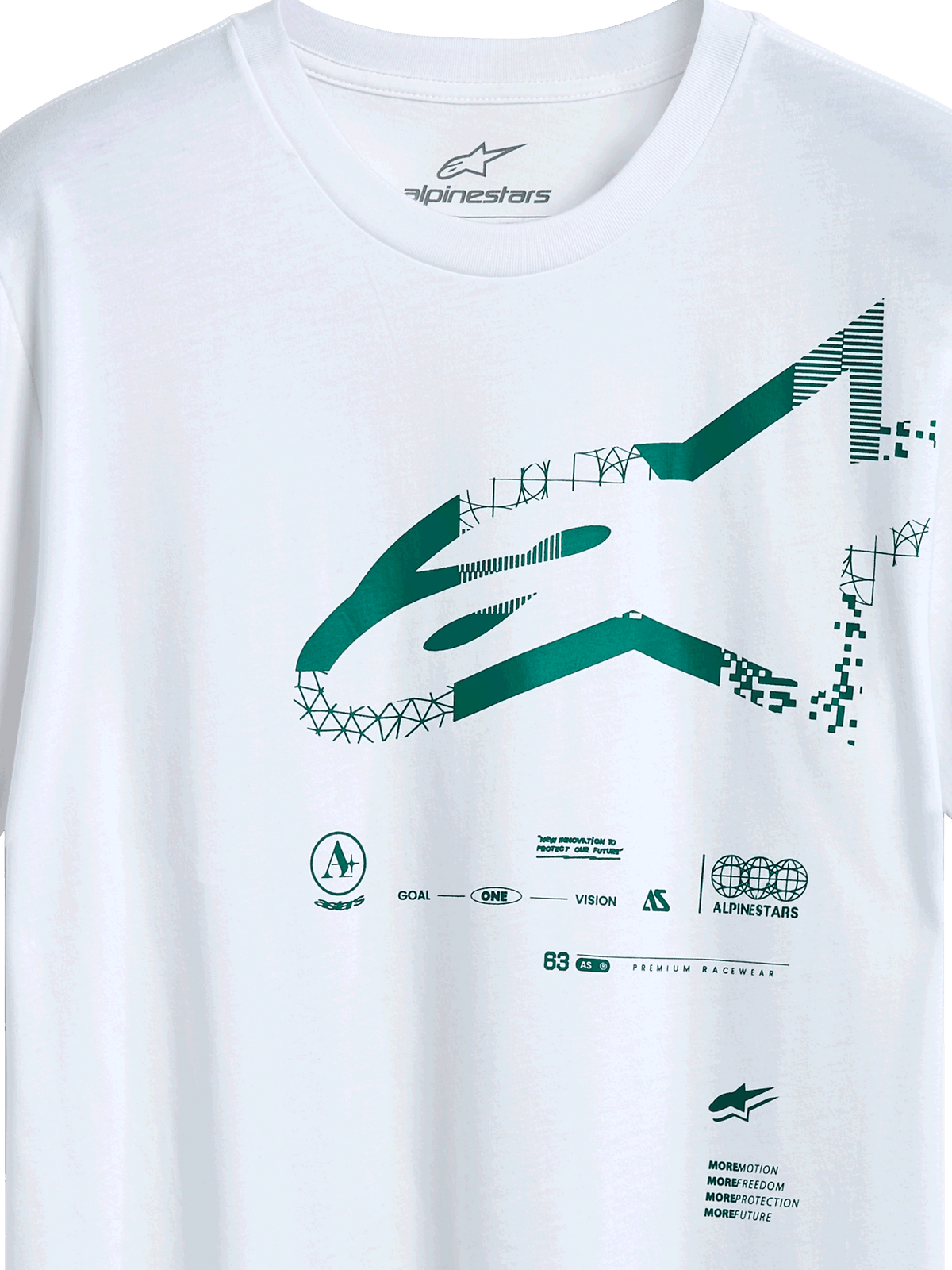 Alpinestars Geografica CSF Tee, Short Sleeve T-Shirt, White, Green Multi-Tech Astars Logo with Geometric and Pixelated Graphics, Casual Motorsport Streetwear