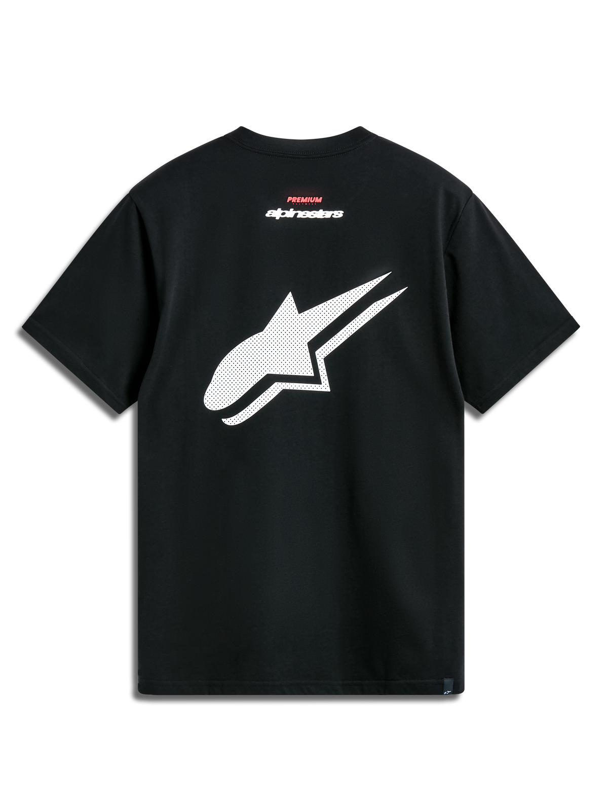 Alpinestars Formulate Csf Tee, Kurzarm-T-Shirt, Schwarz, Rückansicht mit einem großen, weiß perforierten Astars-Logo und rot-weißem Text-Branding, lässige Motorsport-Streetwear