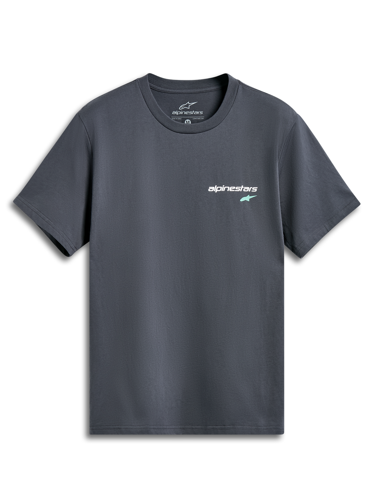 Alpinestars No Barrier CSF Tee, Kurzarm-T-Shirt, Anthrazitgrau, kleines weißes Textlogo mit mintgrünem Stern auf der Brust, lässige vom Motorsport inspirierte Streetwear
