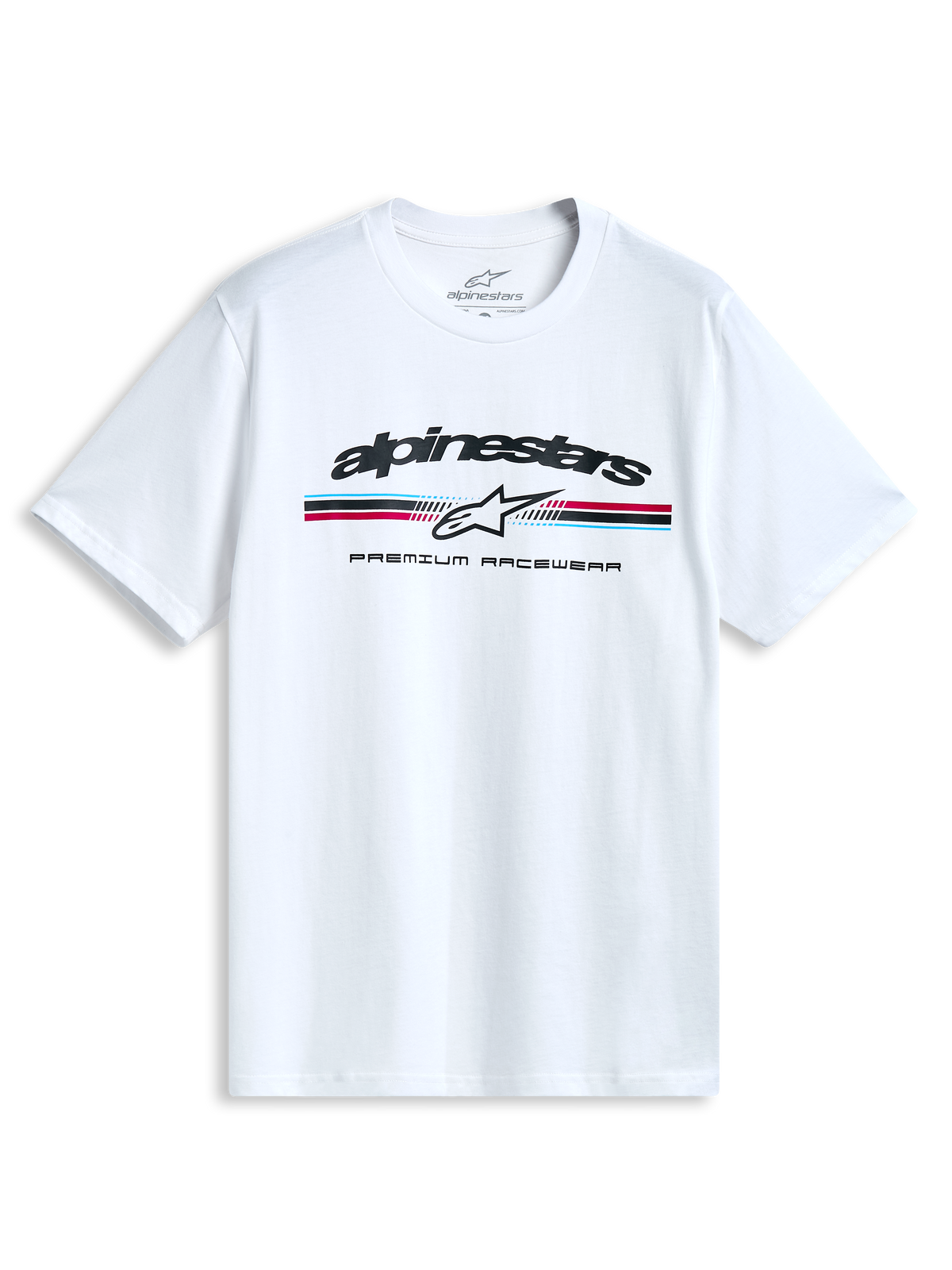 Alpinestars Prevail CSF T-Shirt, weißes Kurzarm-Sportswear-T-Shirt mit dreifarbigem Streifenlogo im Paddock-Stil auf der Vorderseite.